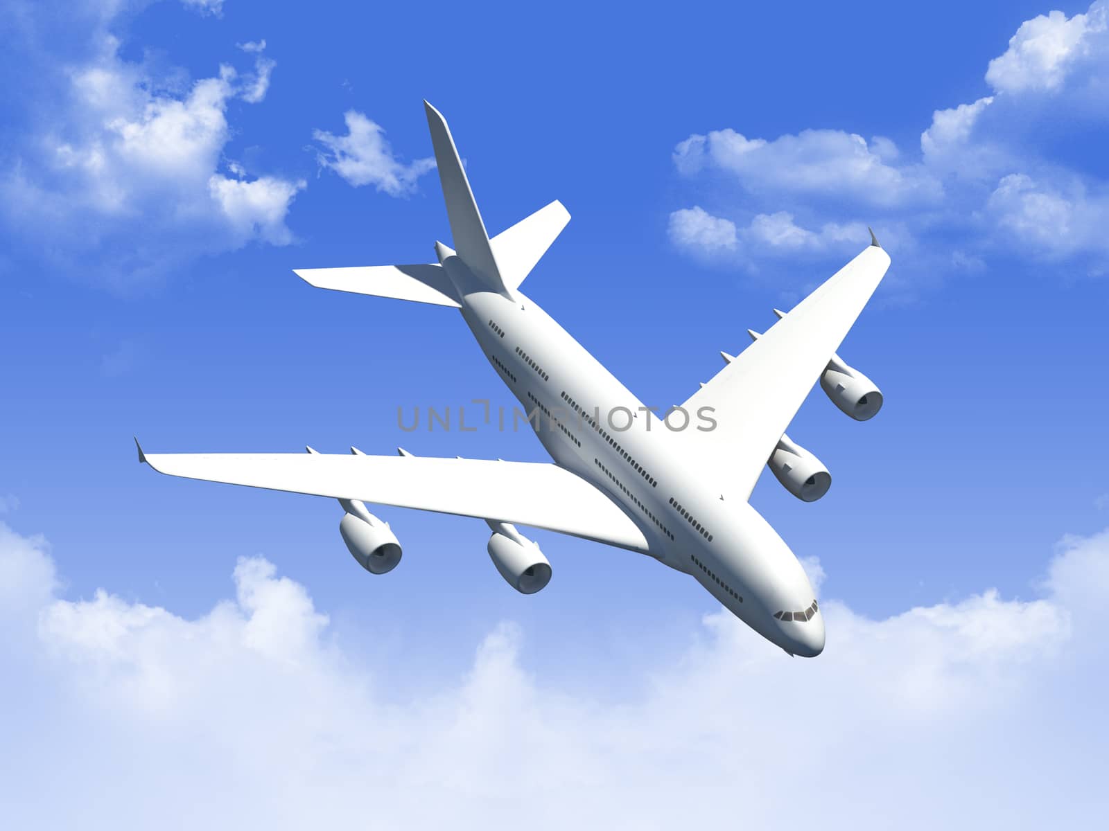Airplane flying in the blue cloudy sky.