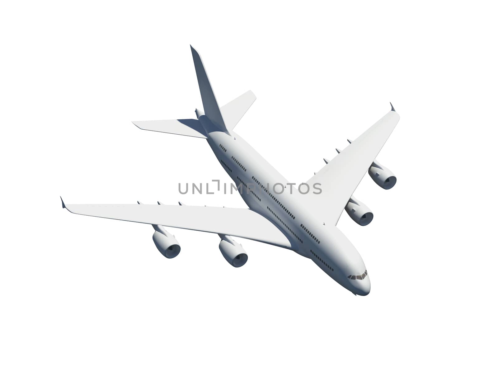 Flying commercial airplane, isolated on white background.