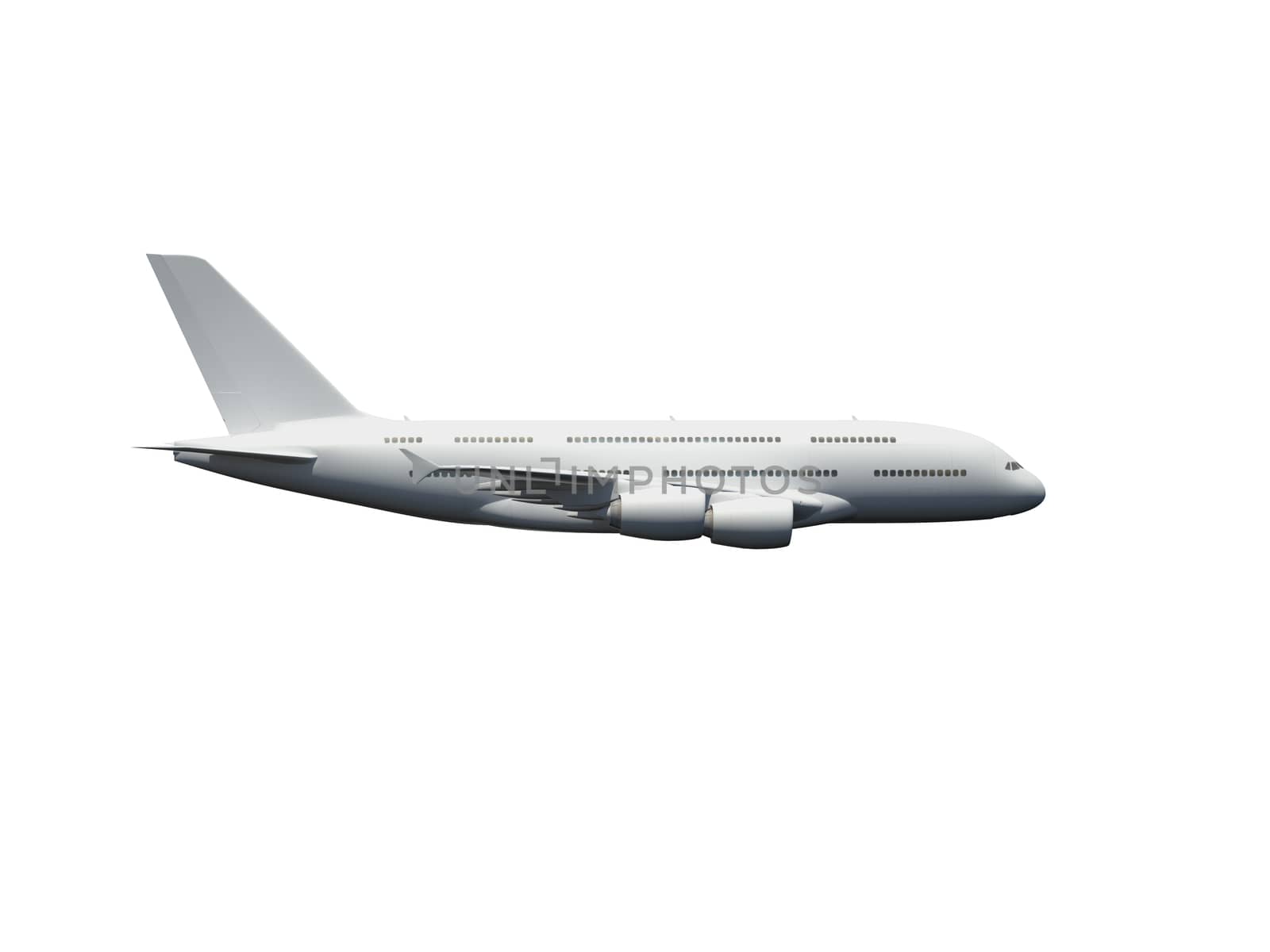 Flying commercial airplane against blue cloudy sky, top view.