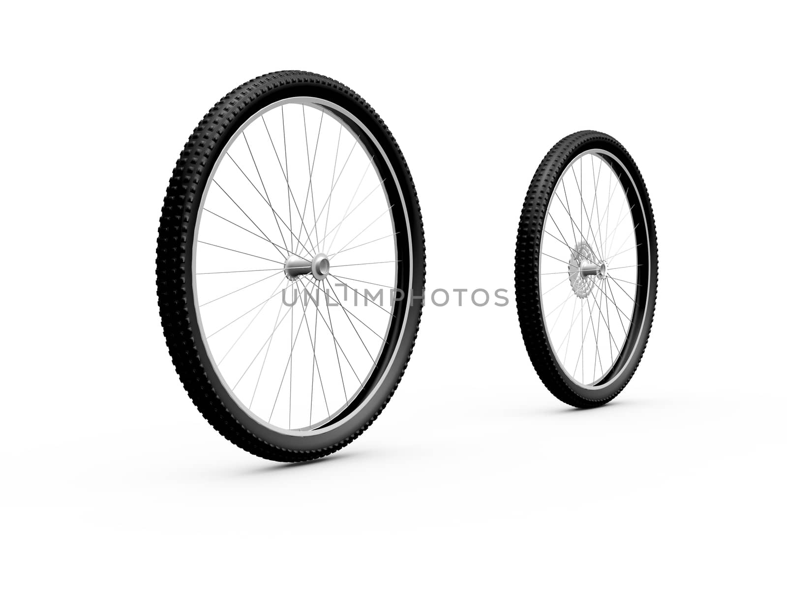 Two bicycle wheels on destination, isolated on white background.