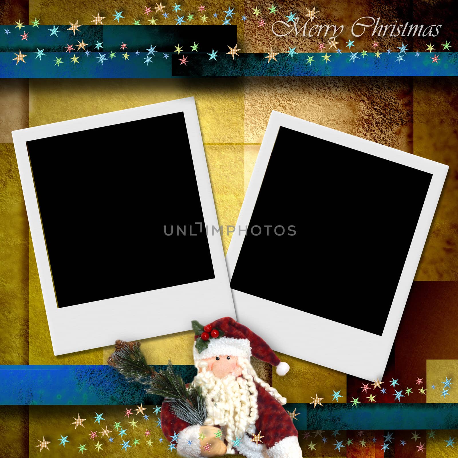 photo frame merry christmas card, empty two photos and Santa