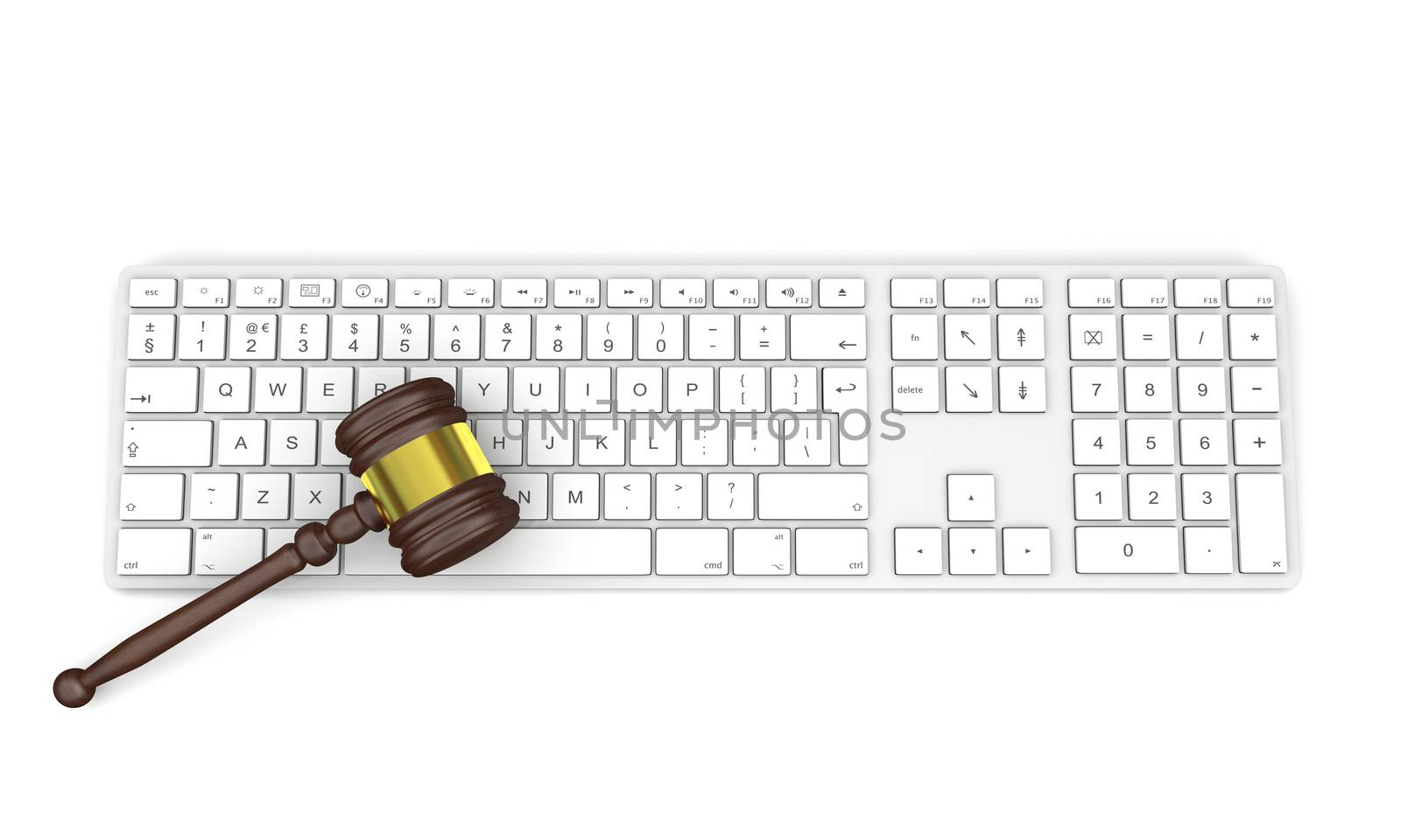 Wooden gavel on computer keyboard, symbol of law and justice in technology, isolated on white background