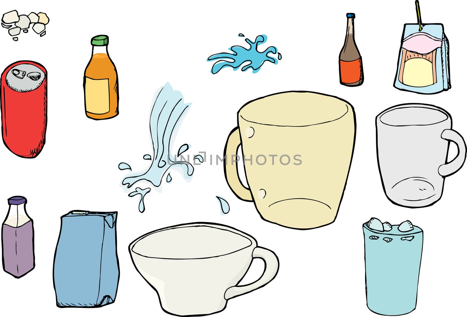 Assorted beverage cups and containers with splashes and ice