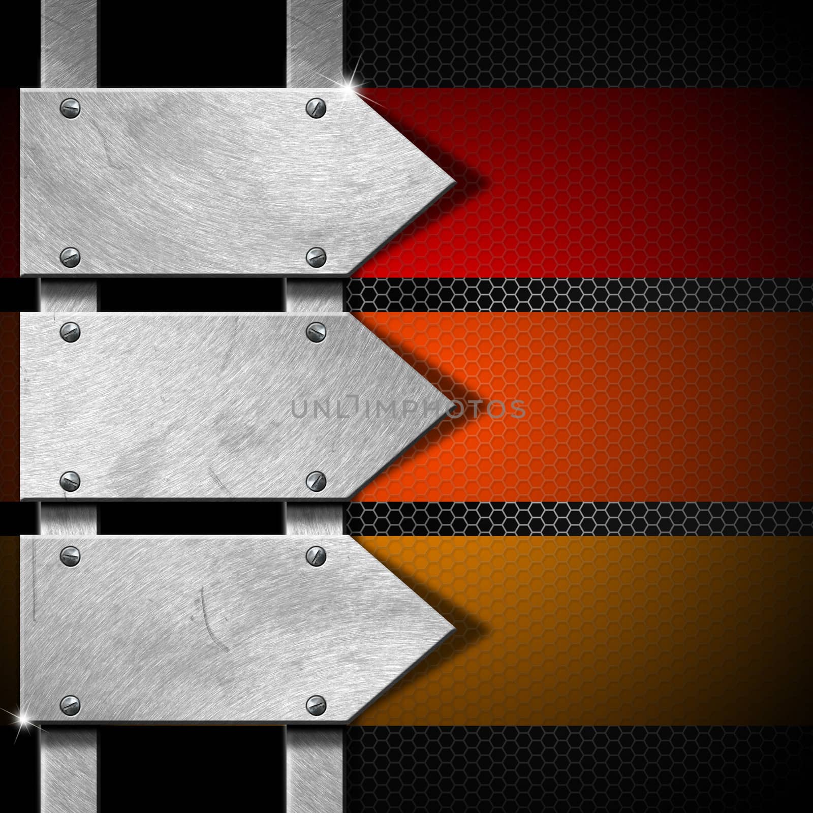 Black background with three metal arrows and colored bands
