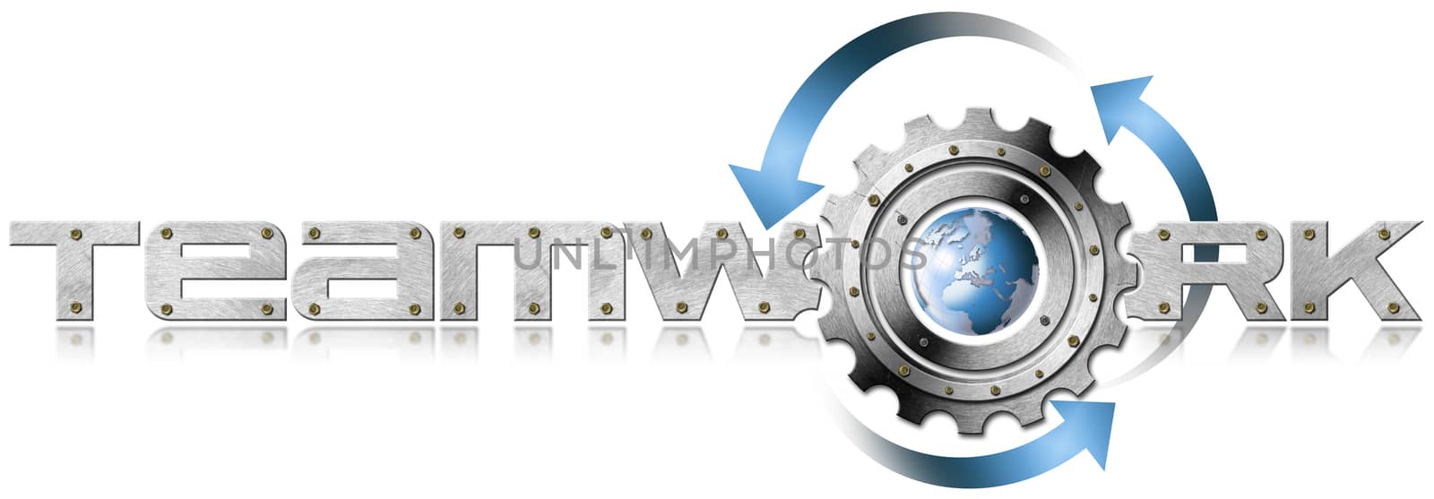 Metal written "teamwork" with bolts, gear, blue globe and arrows
