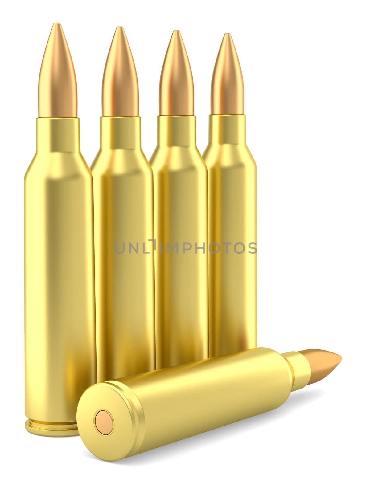 Large caliber rifle ammunition cartridges on white background. High resolution 3D image