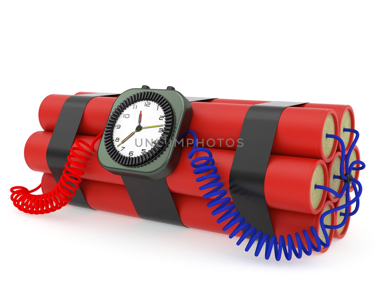 Time bomb with dynamite and clock detonator on white background. High resolution 3D image