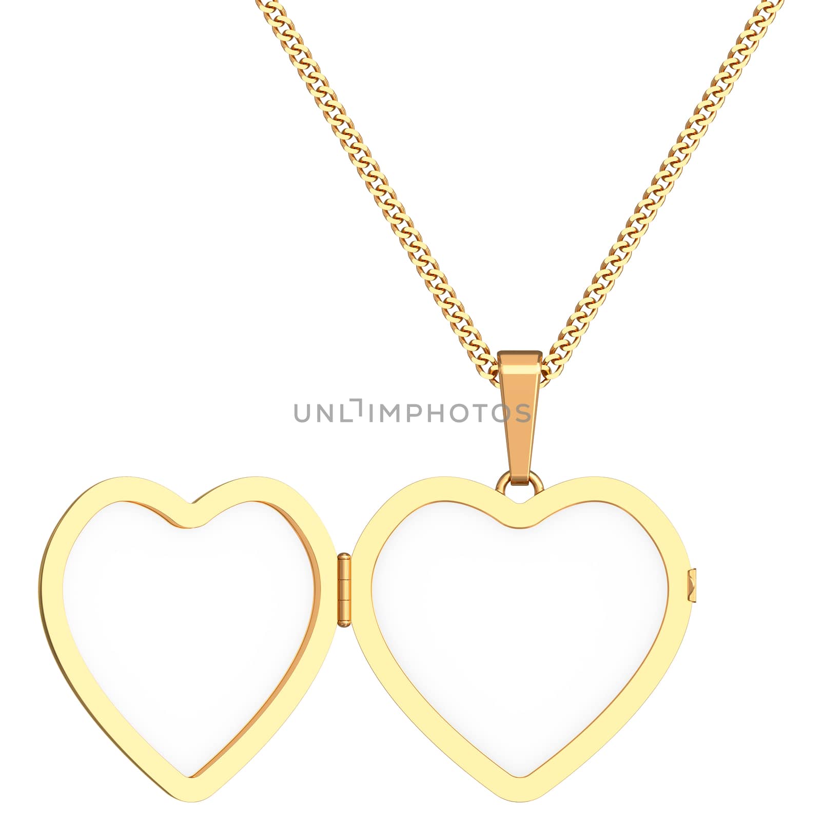 Gold heart shaped locket on chain isolated on white background. High resolution 3D image