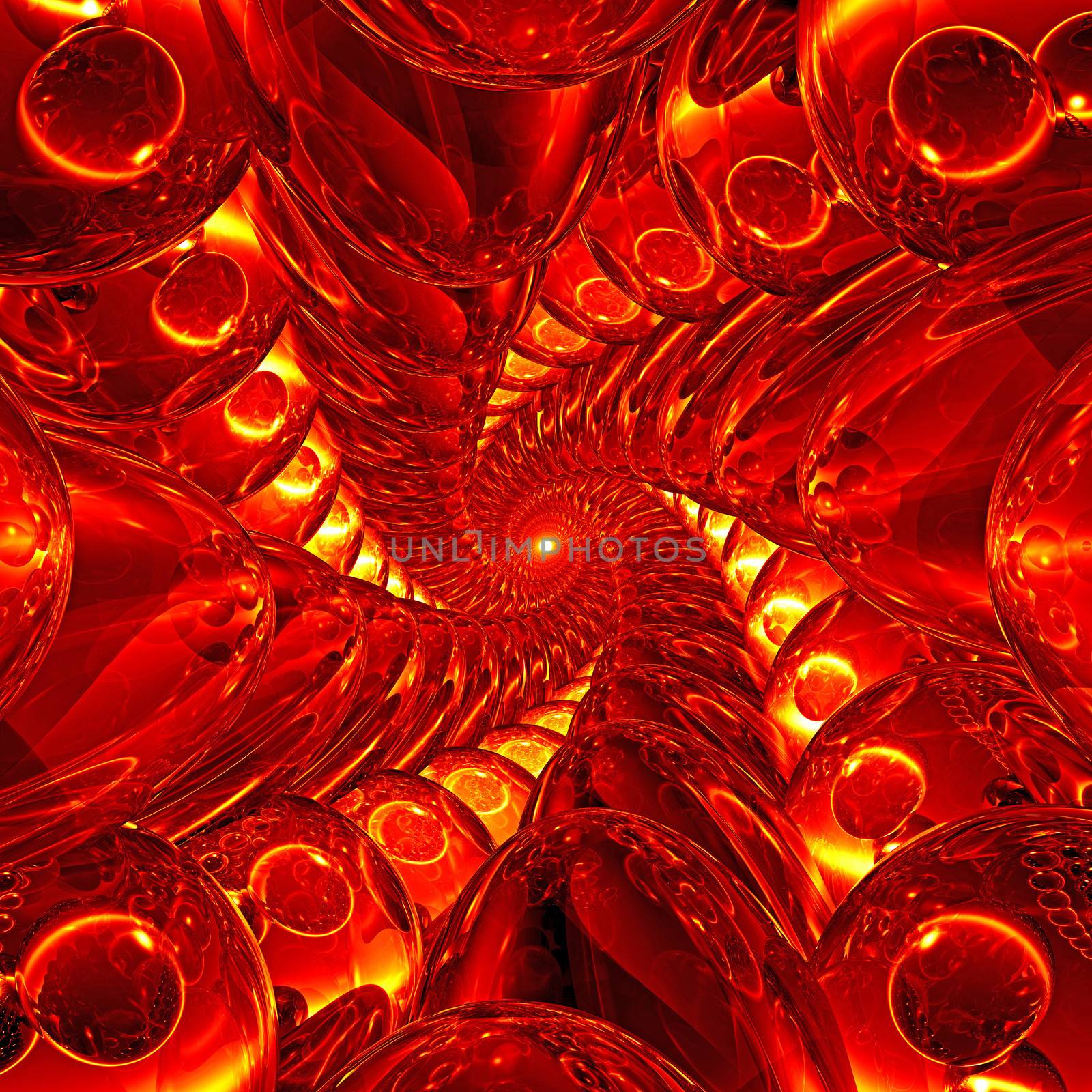 Deep tunnel of red and yellow glass balls. High resolution 3D image