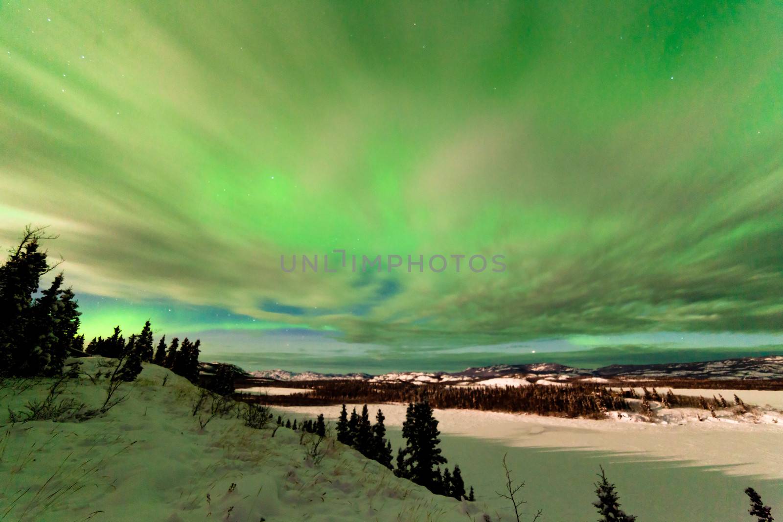 Light clouds and Northern Lights or Aurora borealis or polar lights on night sky over snowy winter landscape of Lake Laberge Yukon Territory Canada