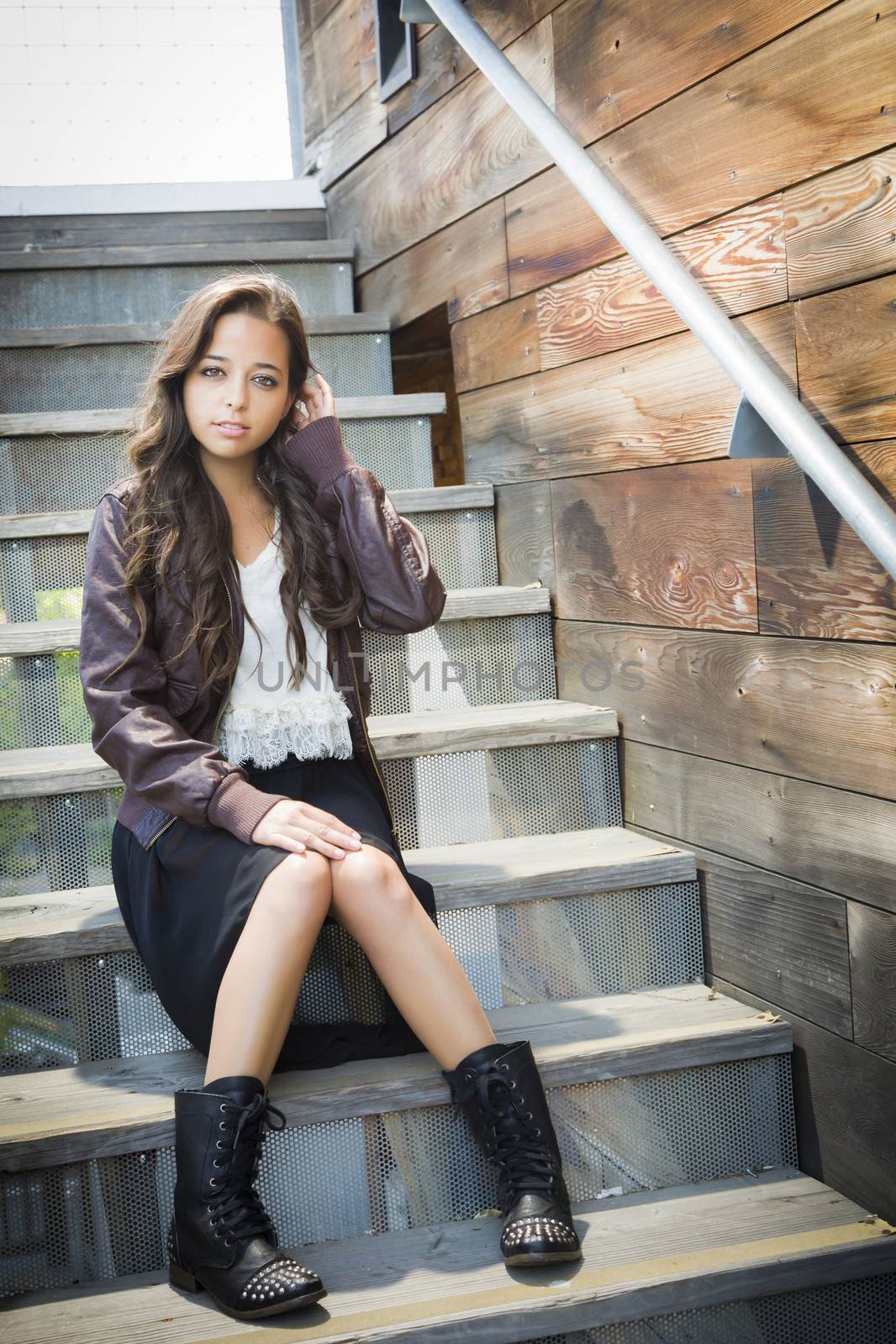 Mixed Race Young Adult Woman Portrait on Staircase by Feverpitched