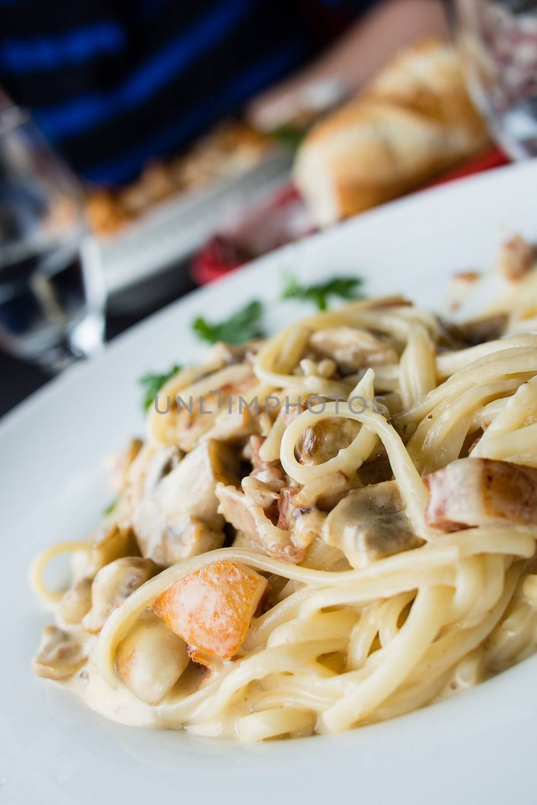 Traditional italian mushrooms pasta in a restaurant