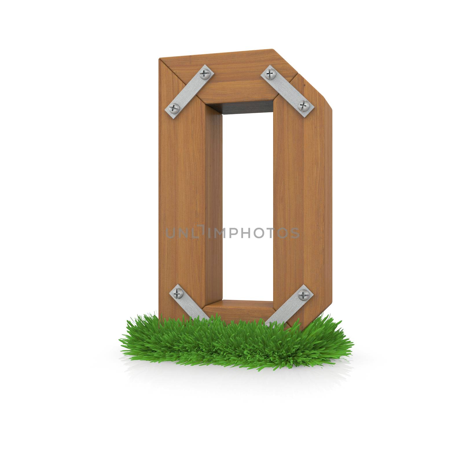 Wooden letter D in the grass. Isolated render with reflection on white background. bio concept