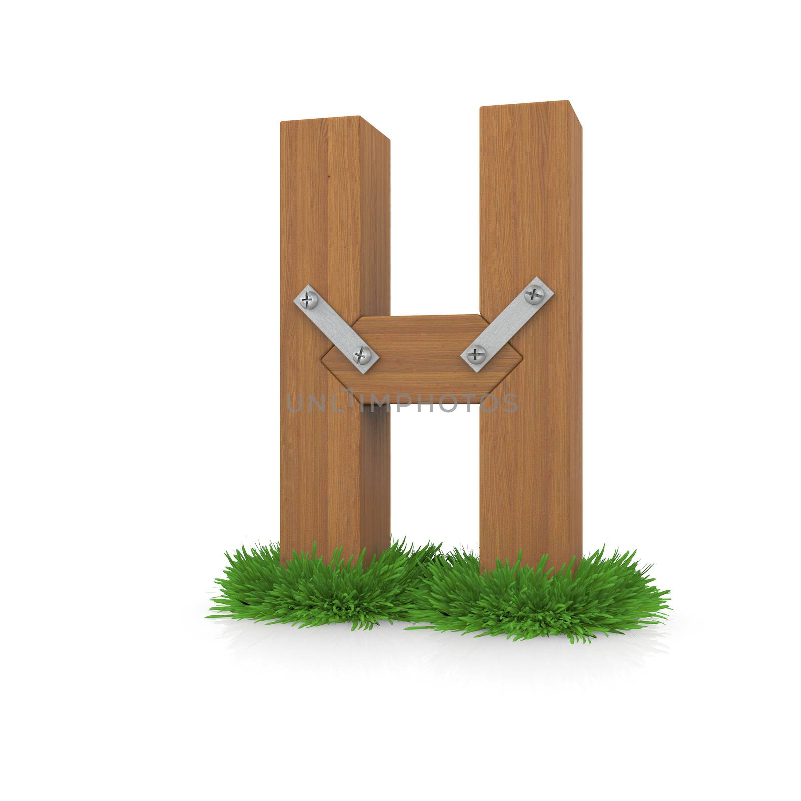 Wooden letter H in the grass. Isolated render with reflection on white background. bio concept