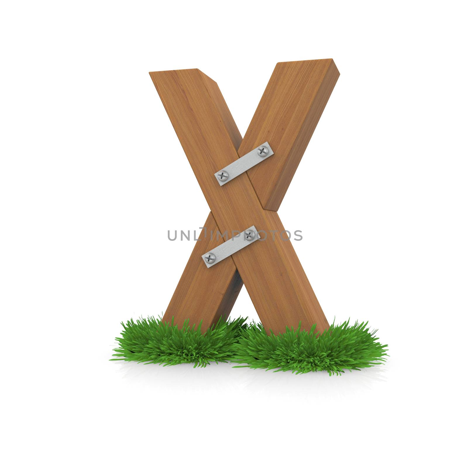 Wooden letter X in the grass. Isolated render with reflection on white background. bio concept
