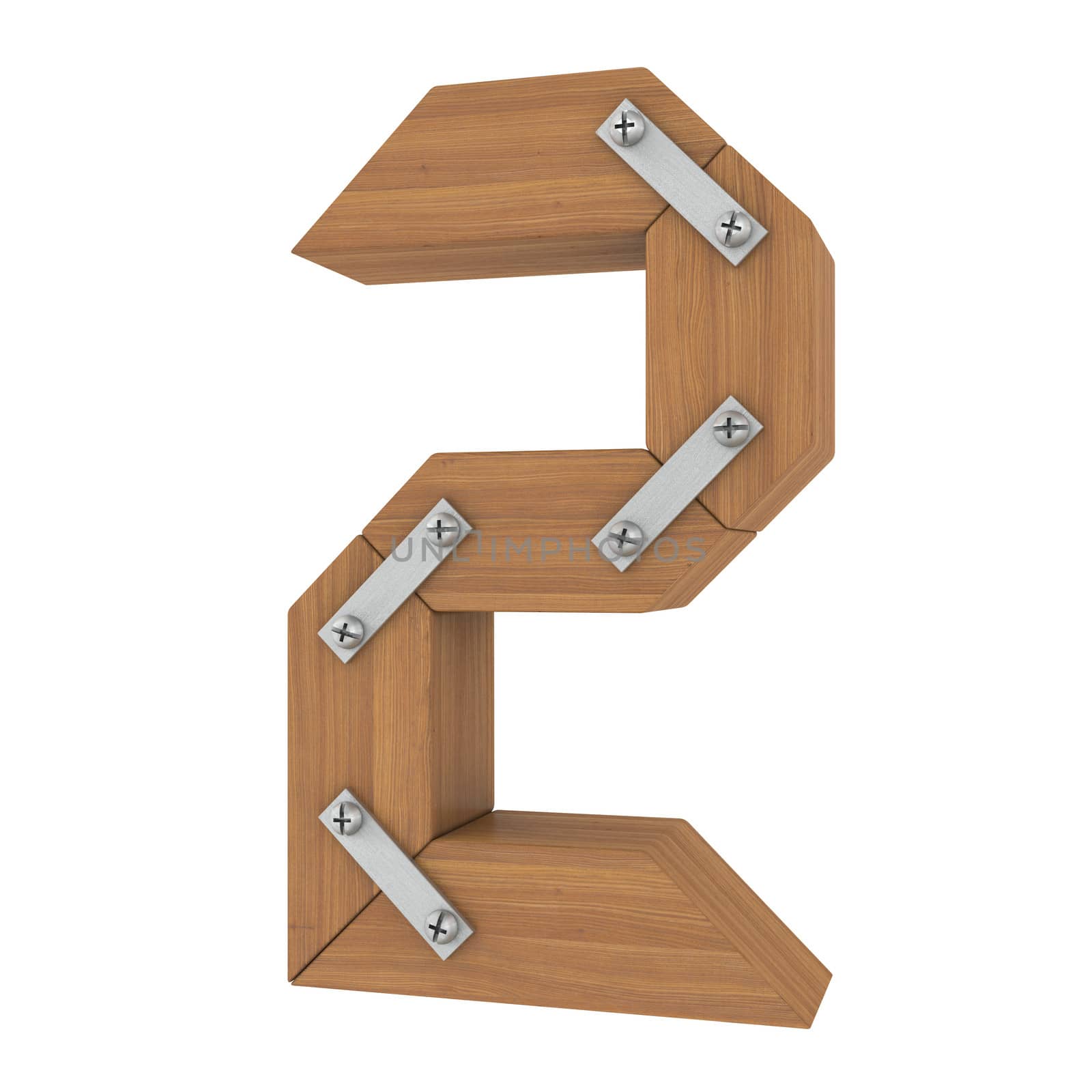 Wooden number two. Isolated render on a white background