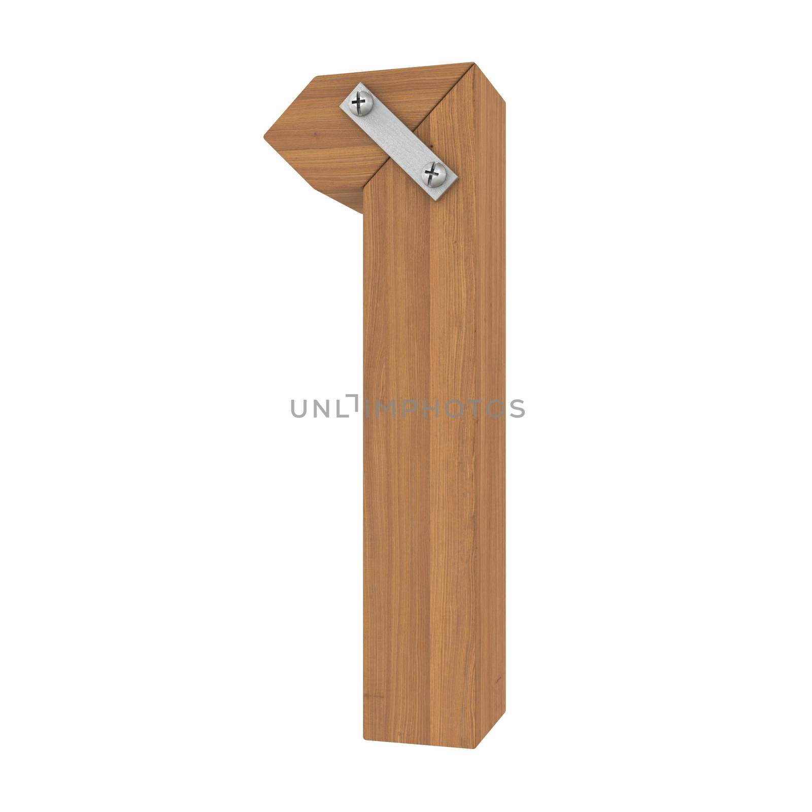 Wooden number one. Isolated render on a white background