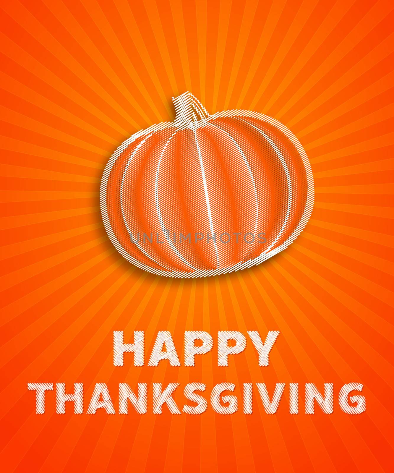 text happy thanksgiving on abstract autumn illustration with striped pumpkin over orange gradient rays