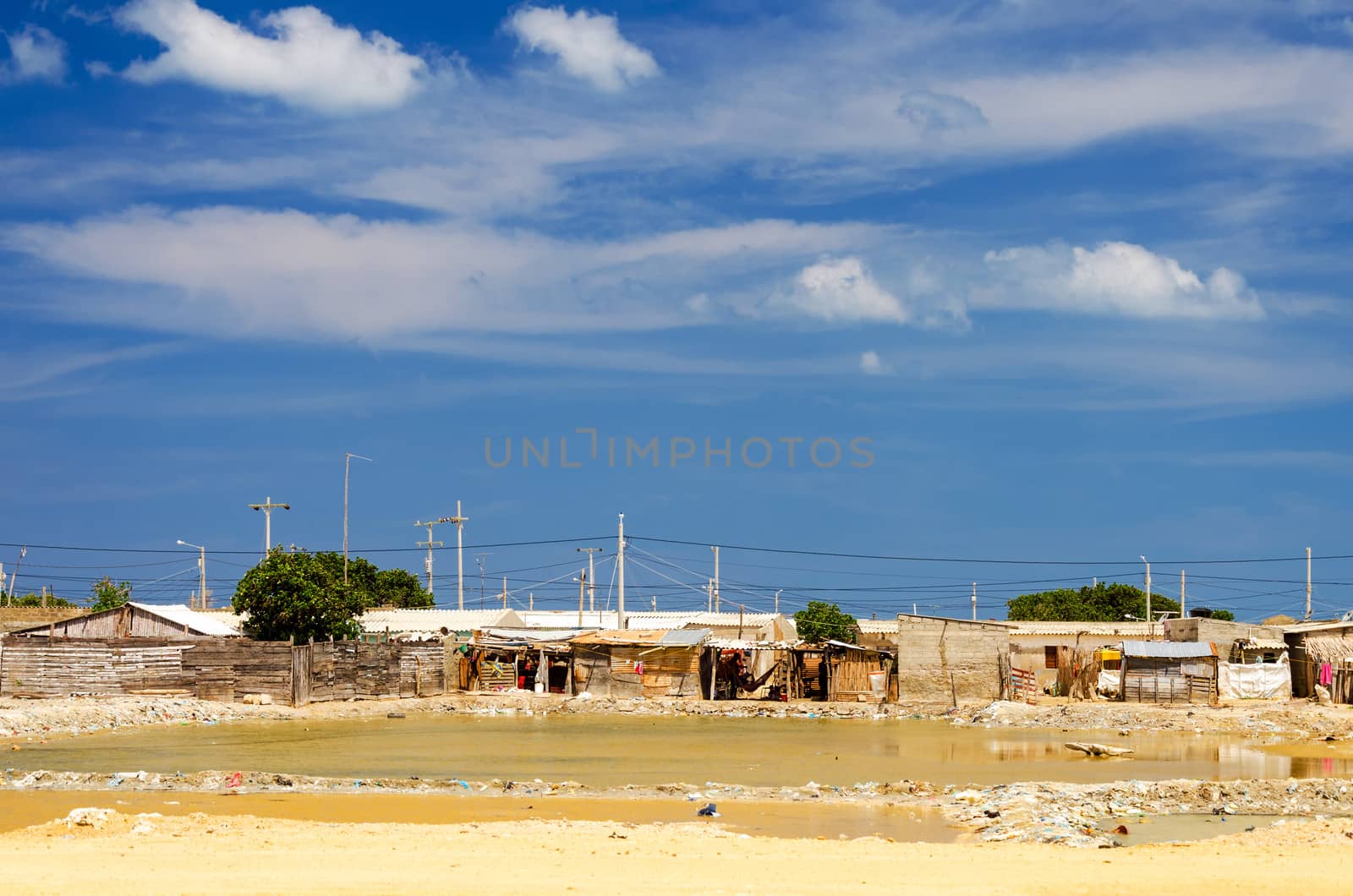 Slum next to salt pools in Manaure in La Guajira, Colombia