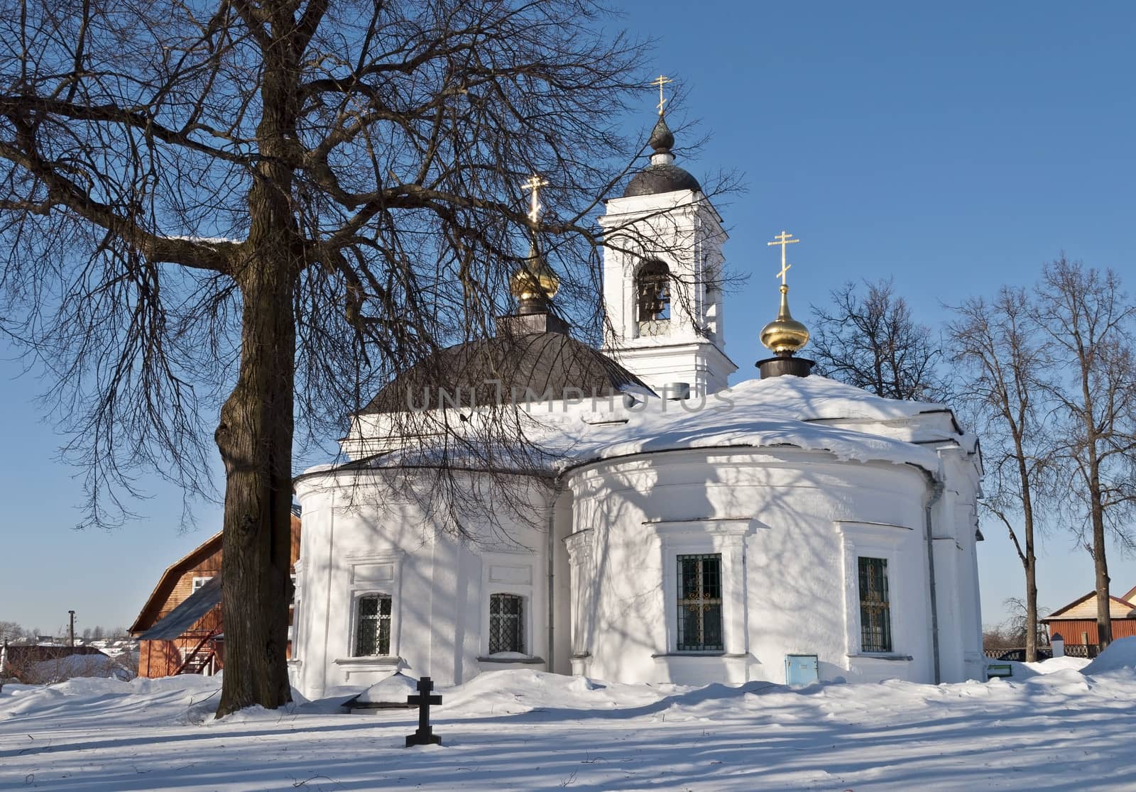 Church of the Holy Virgin in Kolchugino town, Russia. Sunny winter day