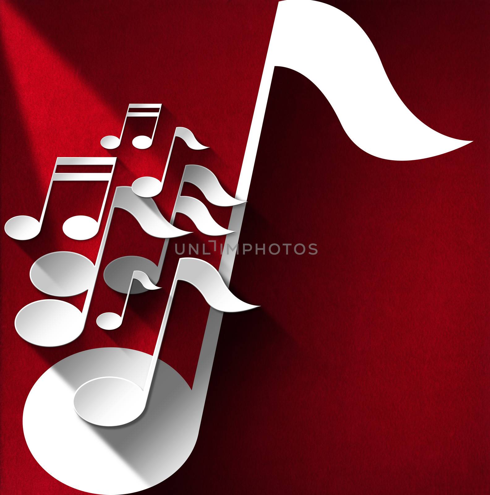White and gray musical notes on red velvet background with shadows
