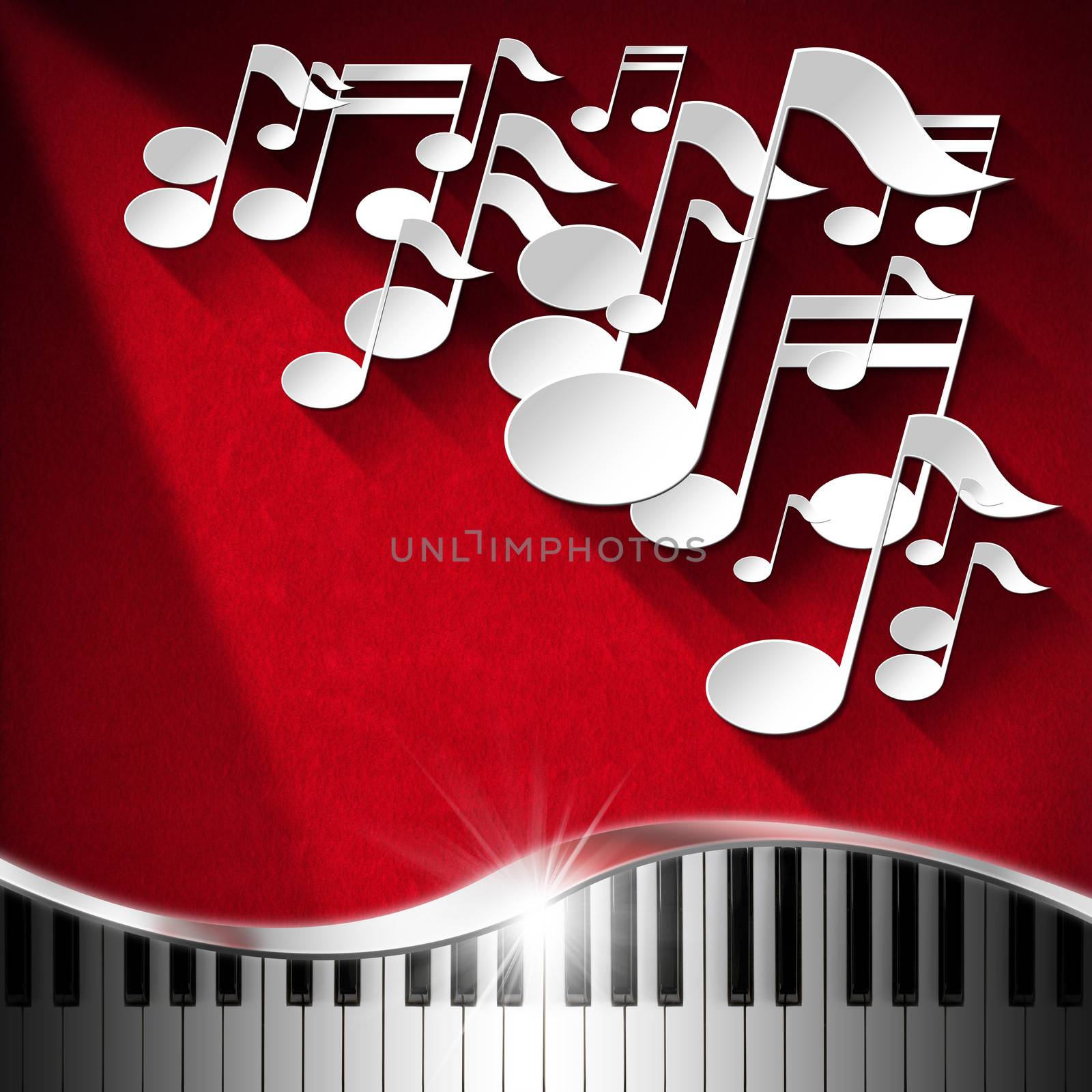 White musical notes and piano keyboard on red velvet background with shadows