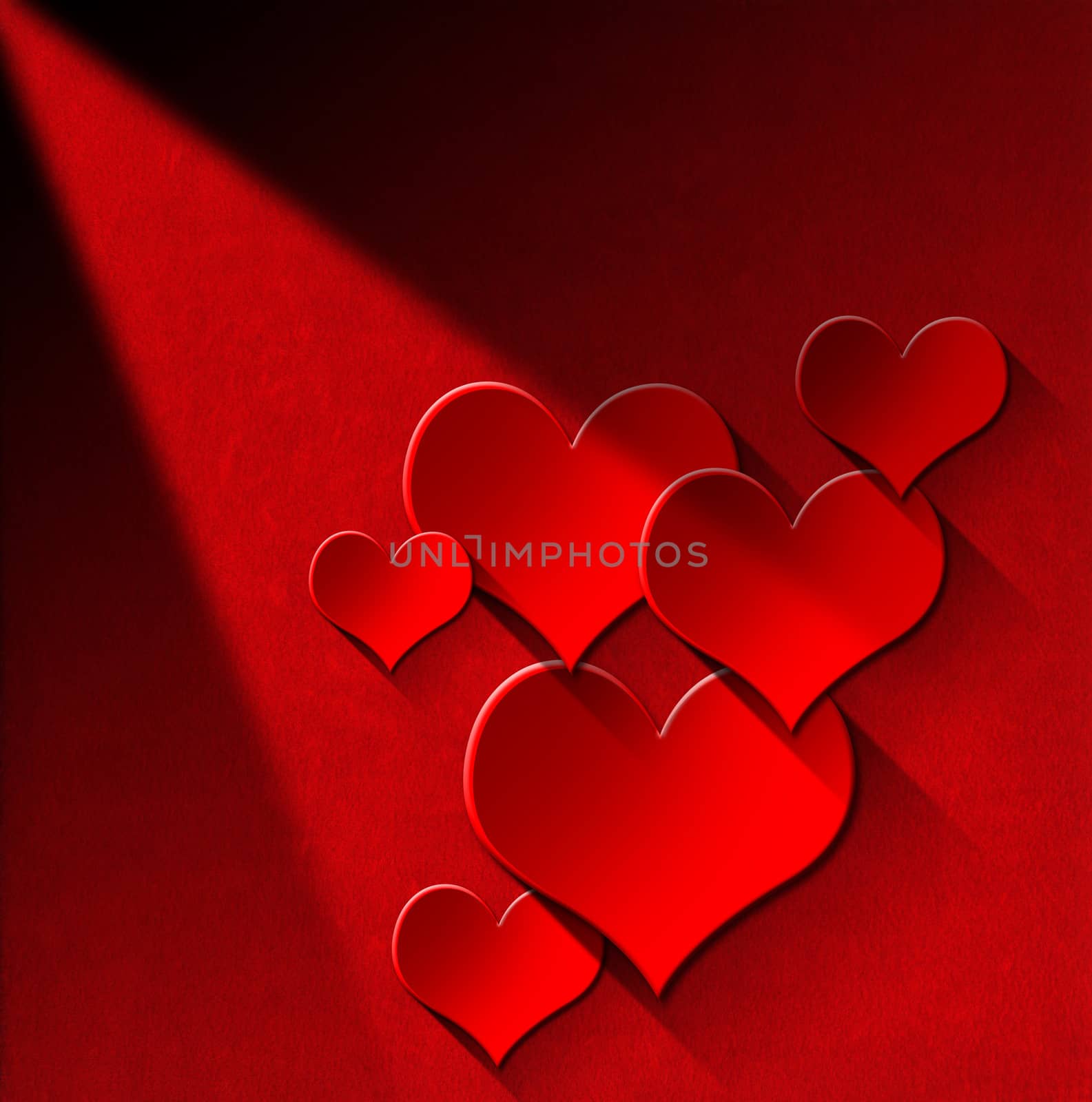 Many stylized red hearts on red velvet background with shadows