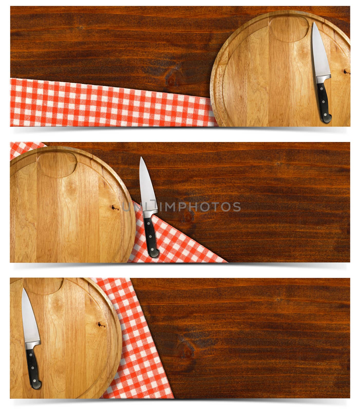 Cooking banners with round cutting board, red checked tablecloth on wooden table and kitchen knife isolated on white

