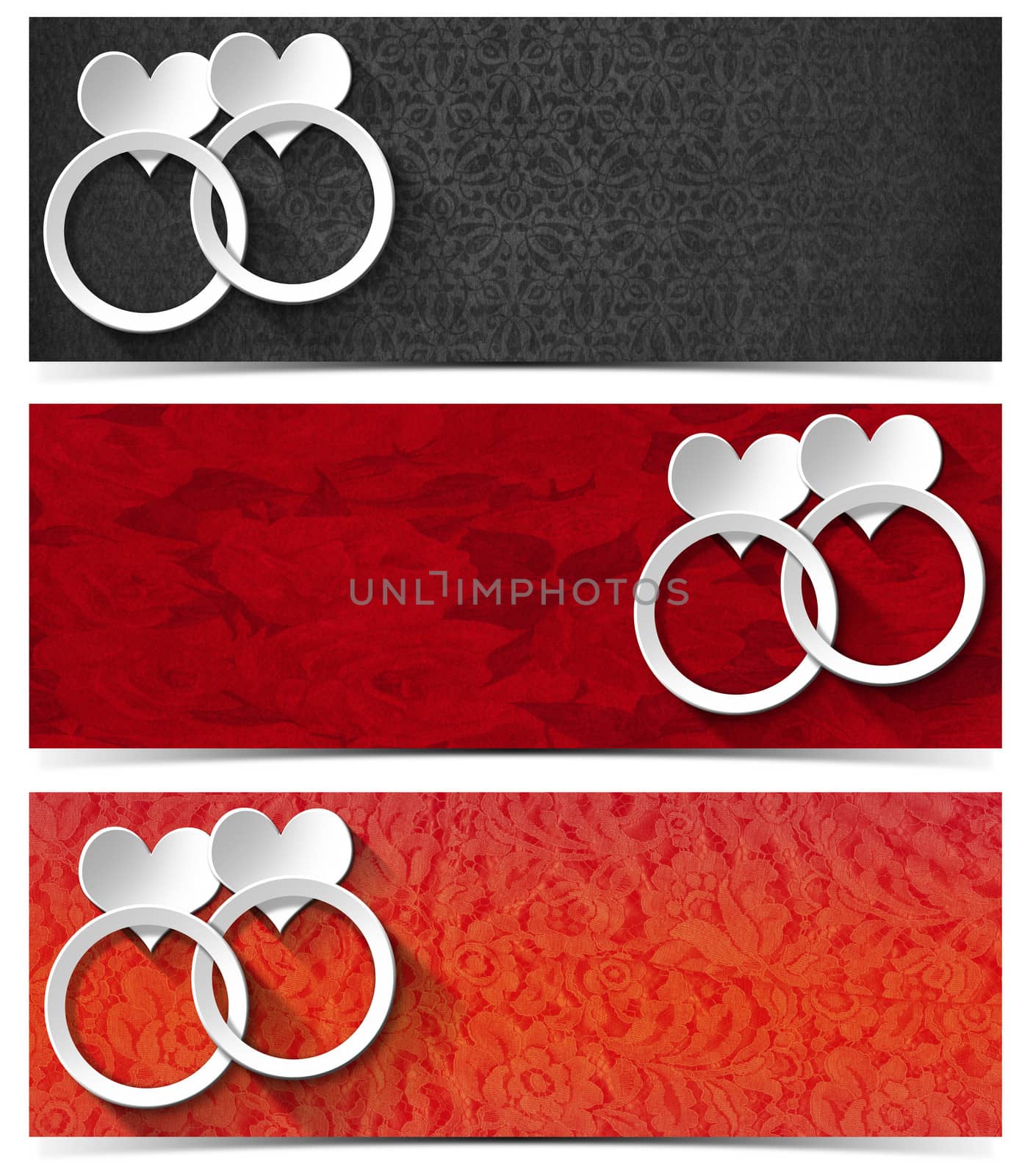 Set of three romantic banners with floral texture, stylized white hearts and wedding rings
