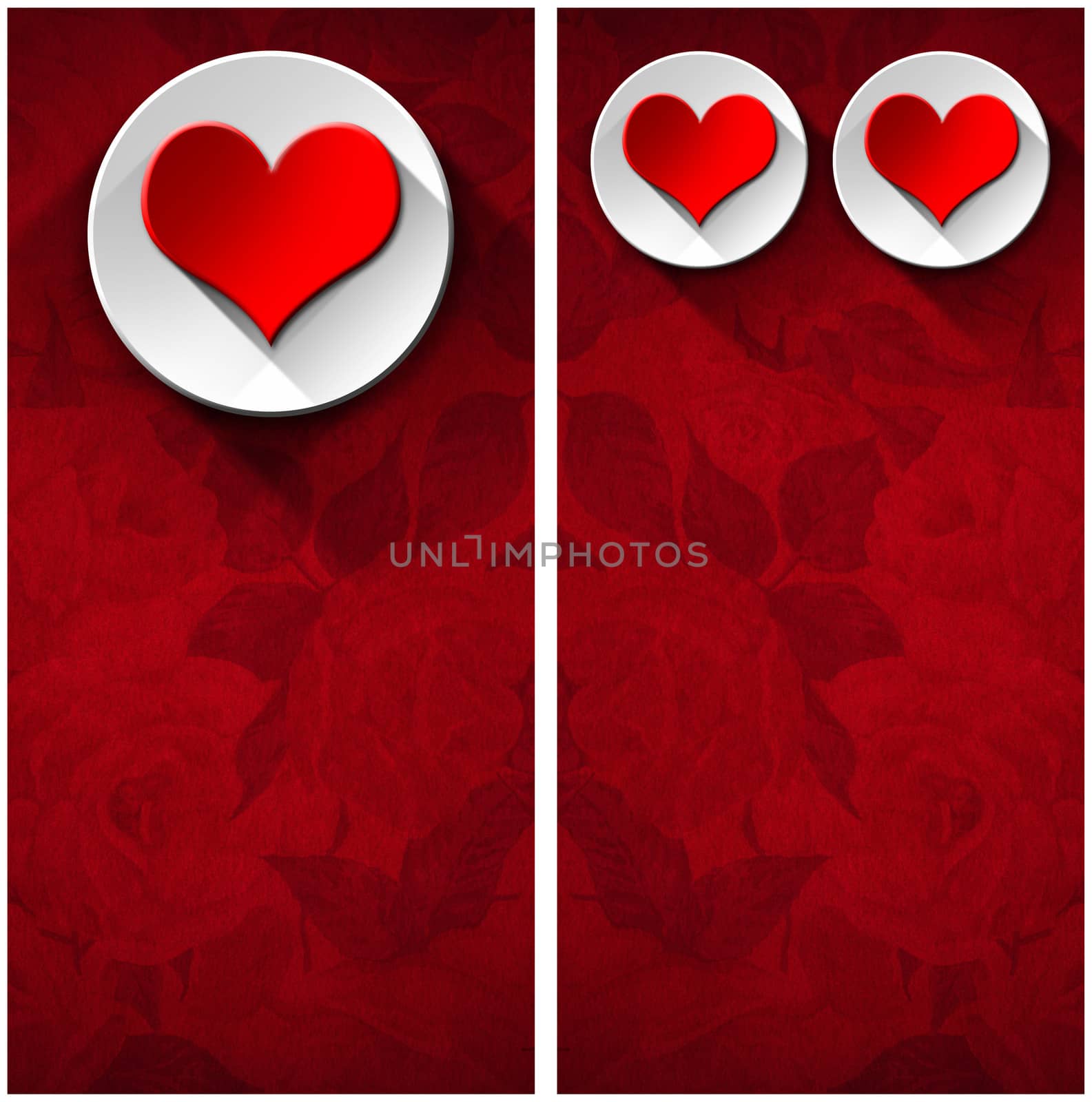 Stylized red hearts with white circle on red floral velvet background with shadows - Backgrounds for wedding invitation