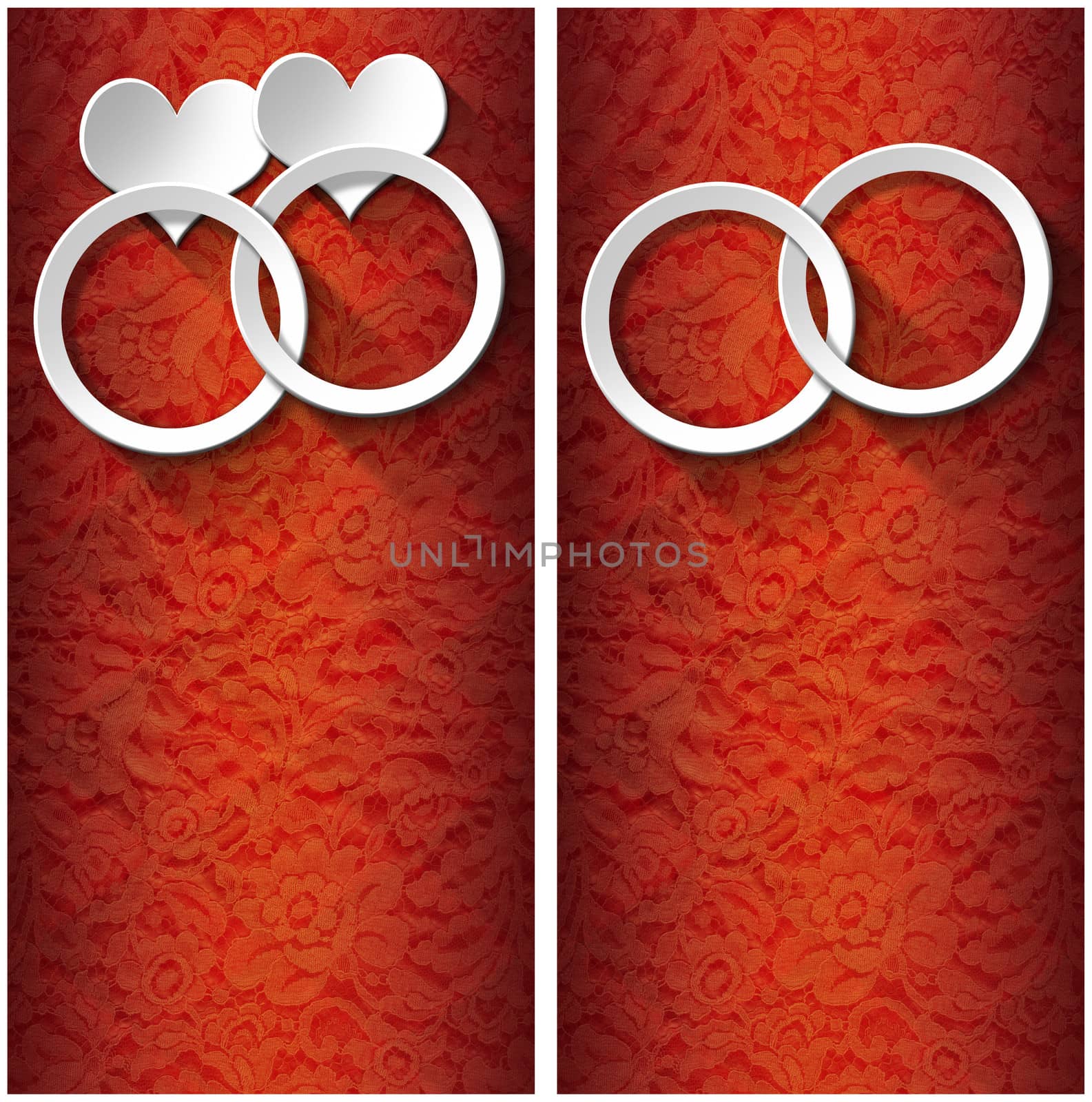 Two stylized white hearts and two wedding rings on orange floral background with shadows - Backgrounds for wedding invitation