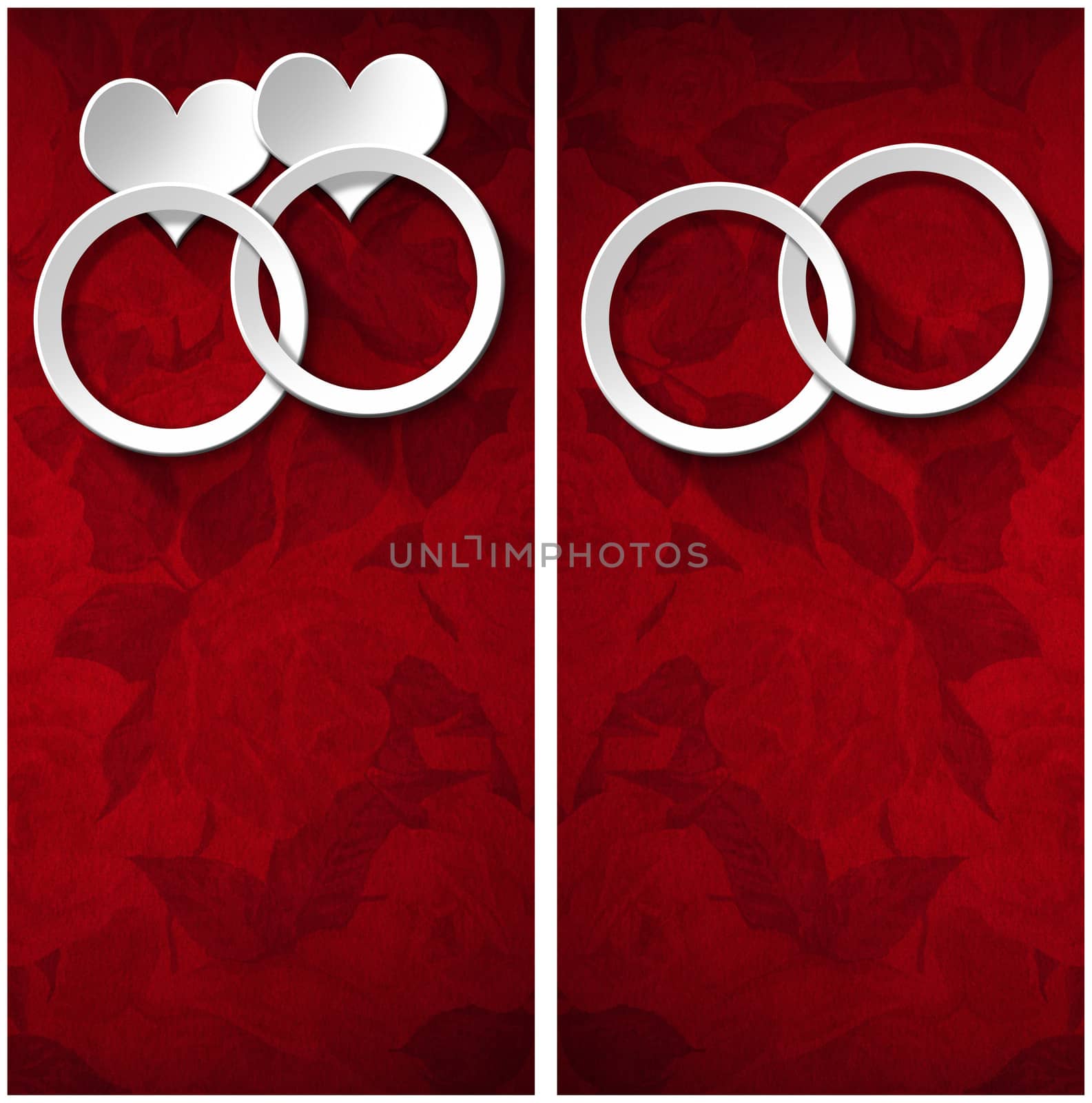 Two stylized white hearts and two wedding rings on red floral velvet background with shadows - Backgrounds for wedding invitation