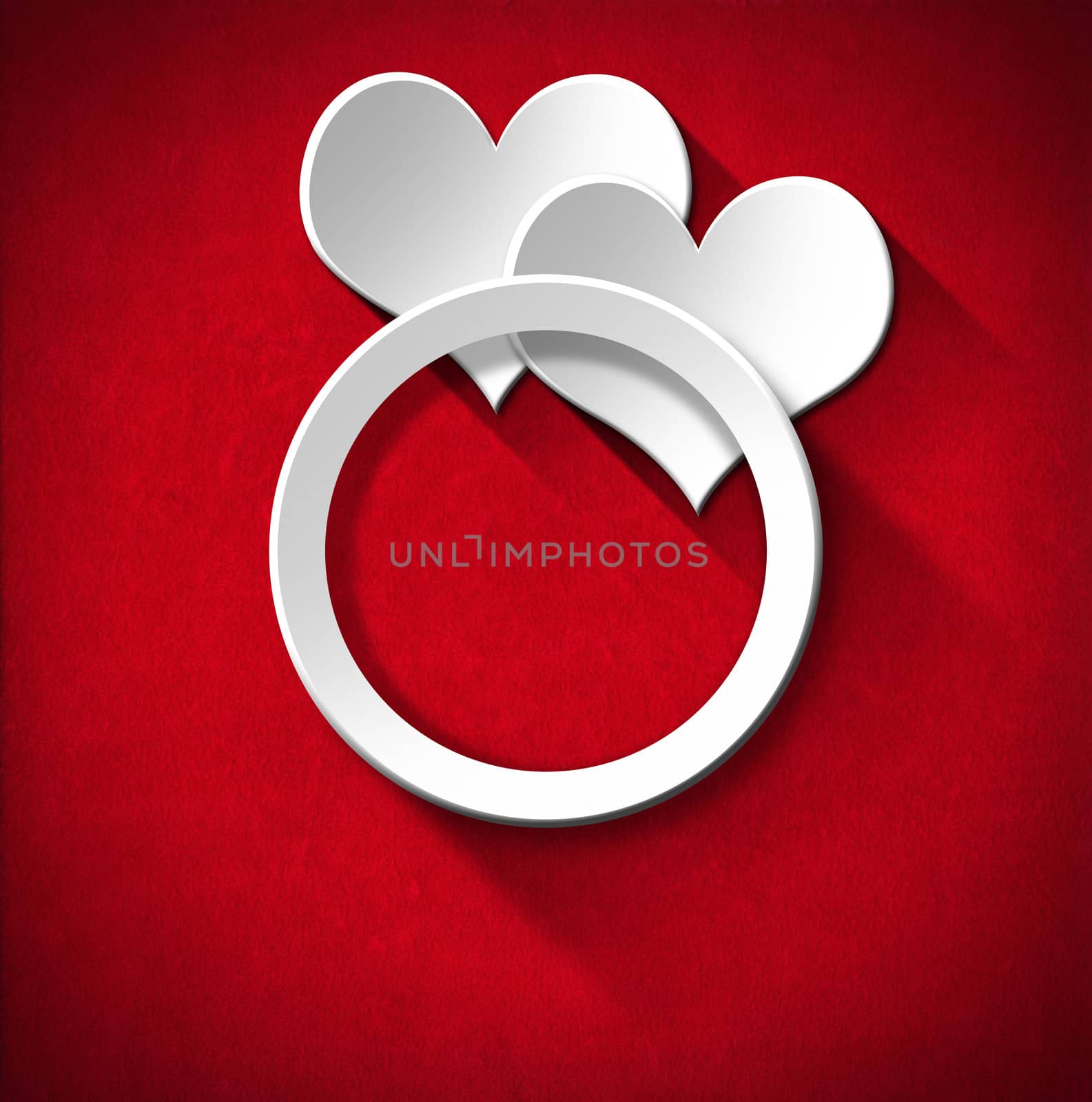 Two stylized white hearts and wedding ring on red velvet background with shadows