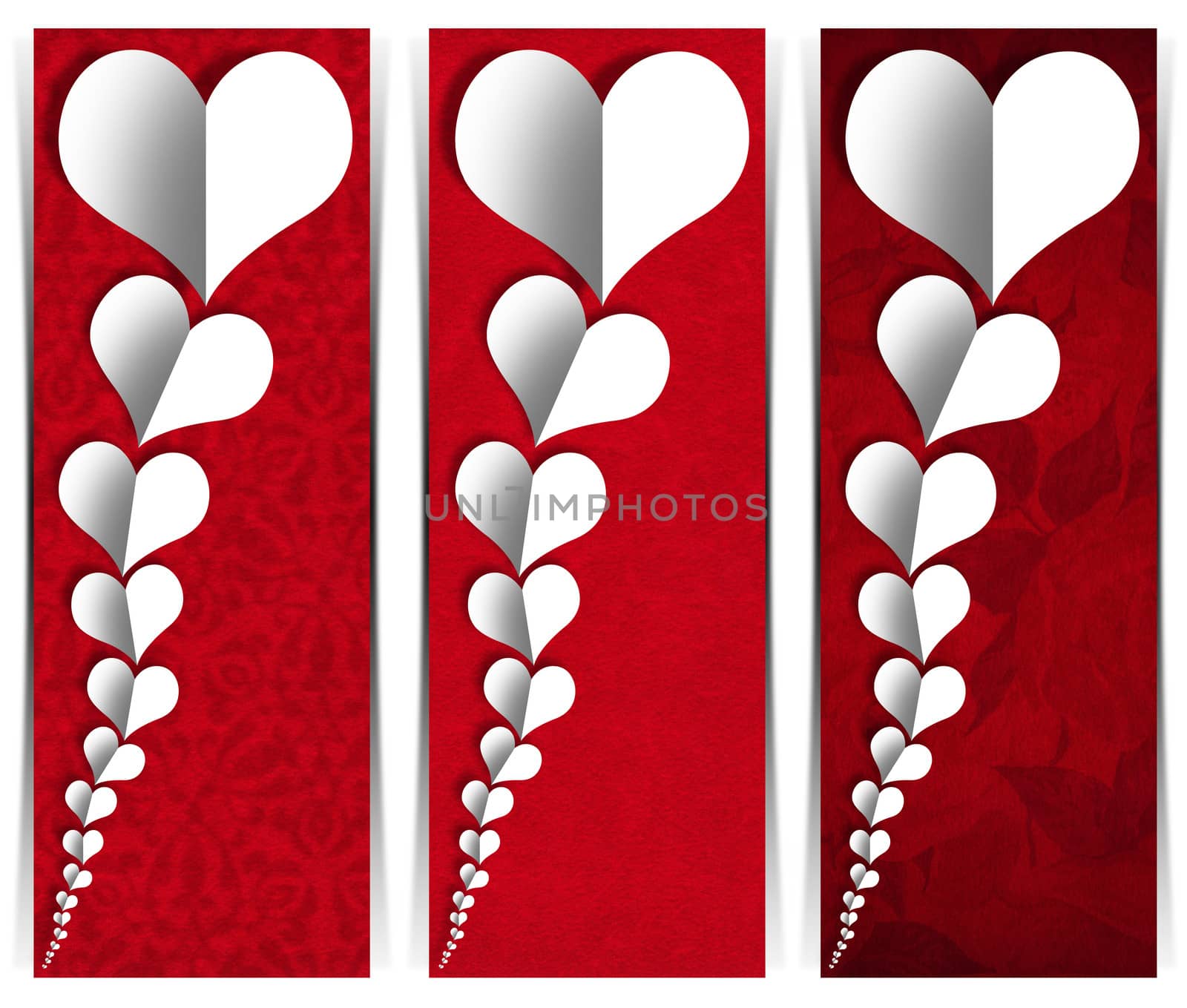 Set of three romantic banners or headers with many stylized hearts in white paper on red velvet background
