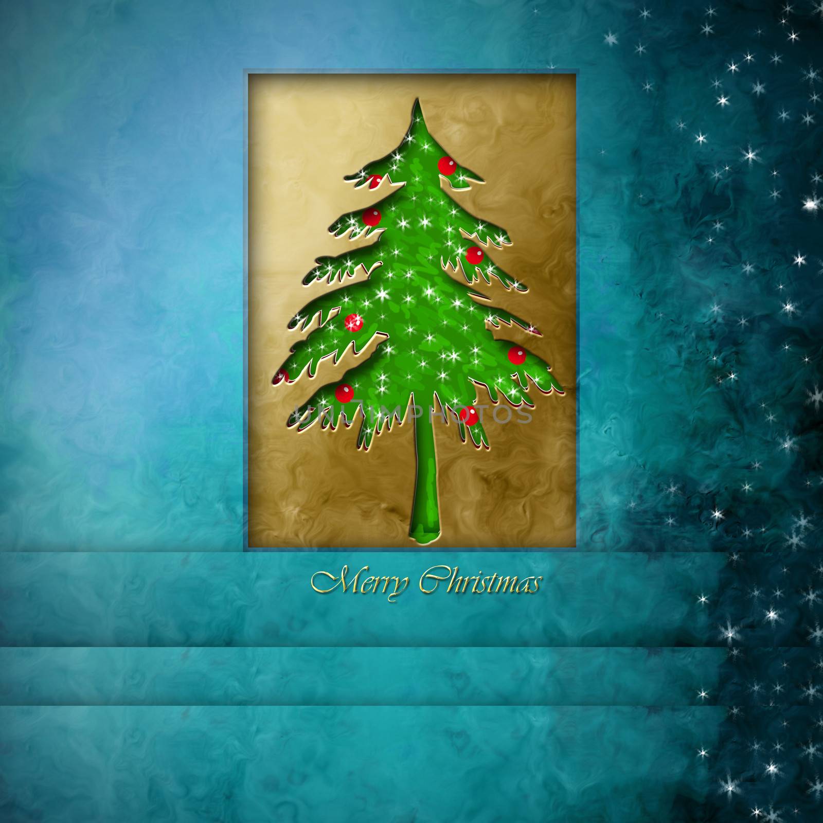 merry christmas card, fir on blue background with stars and empty space for message
