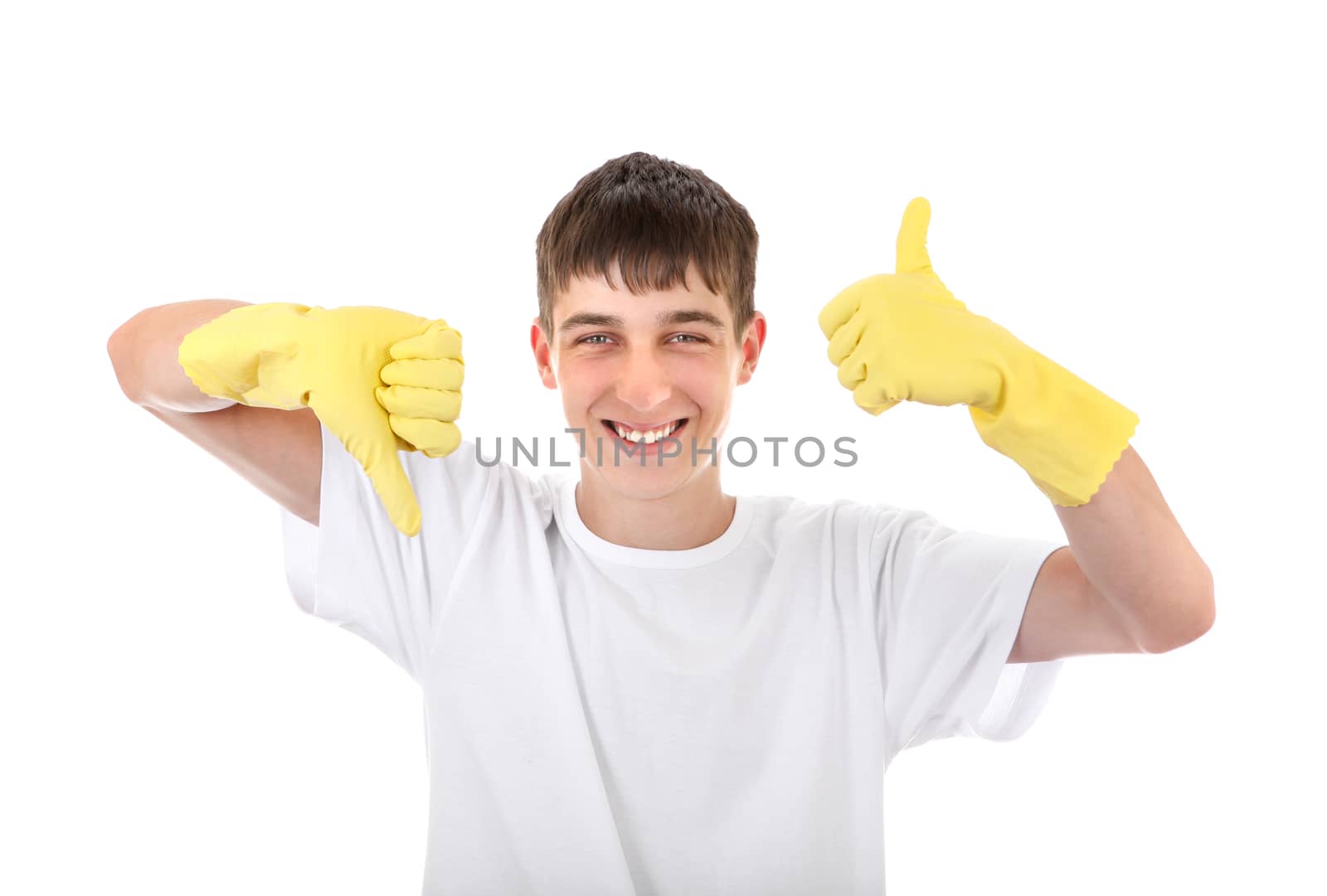 Happy Teenager in Yellow Rubber Gloves Isolated On The White Background