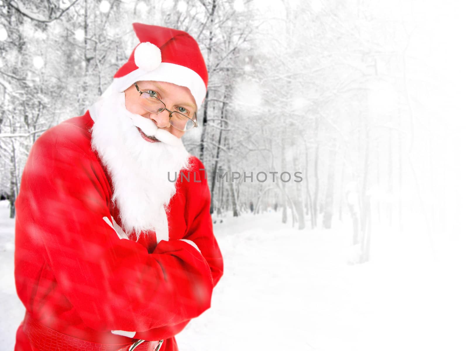 Happy Santa Claus in the Winter Forest