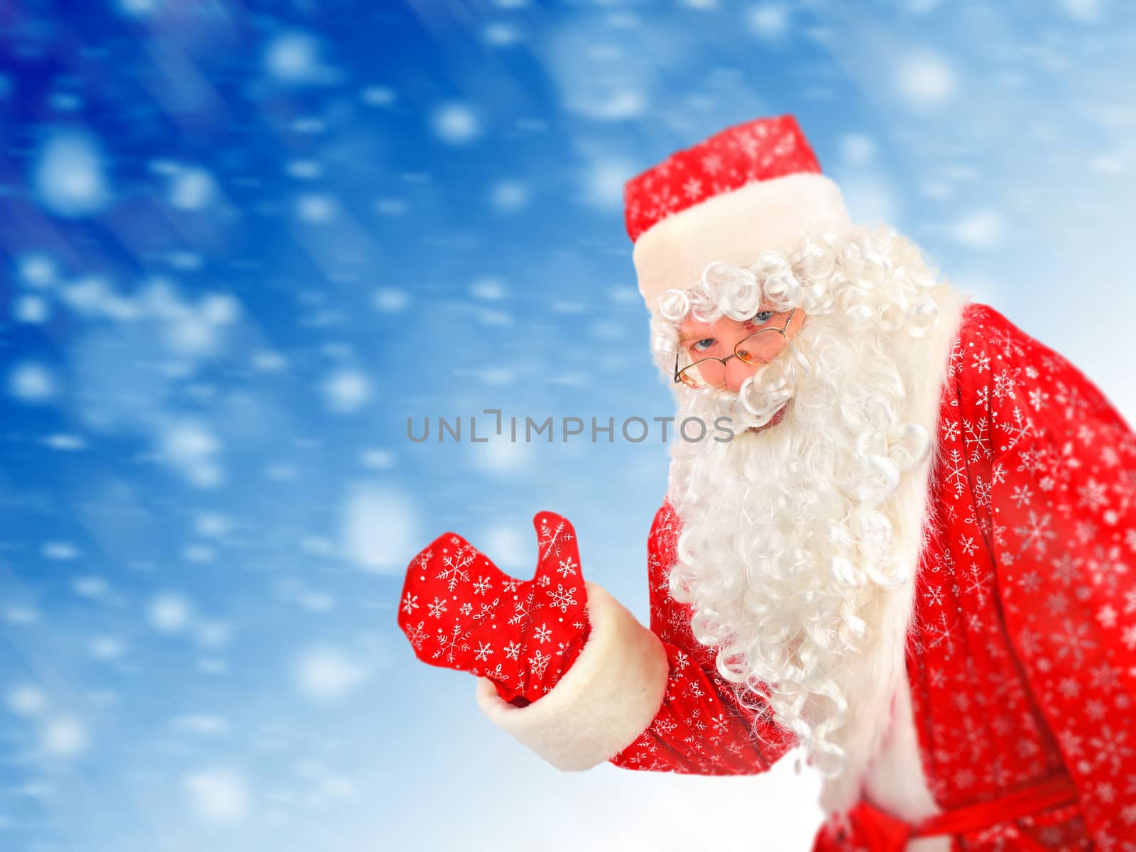 Happy Santa Claus on the Abstract Winter Background