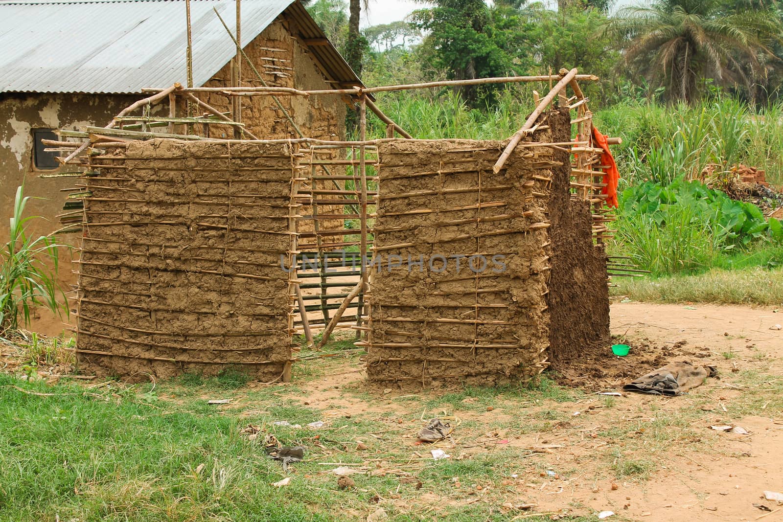 Unfinished pygmy hut stands in a clearing in an African village