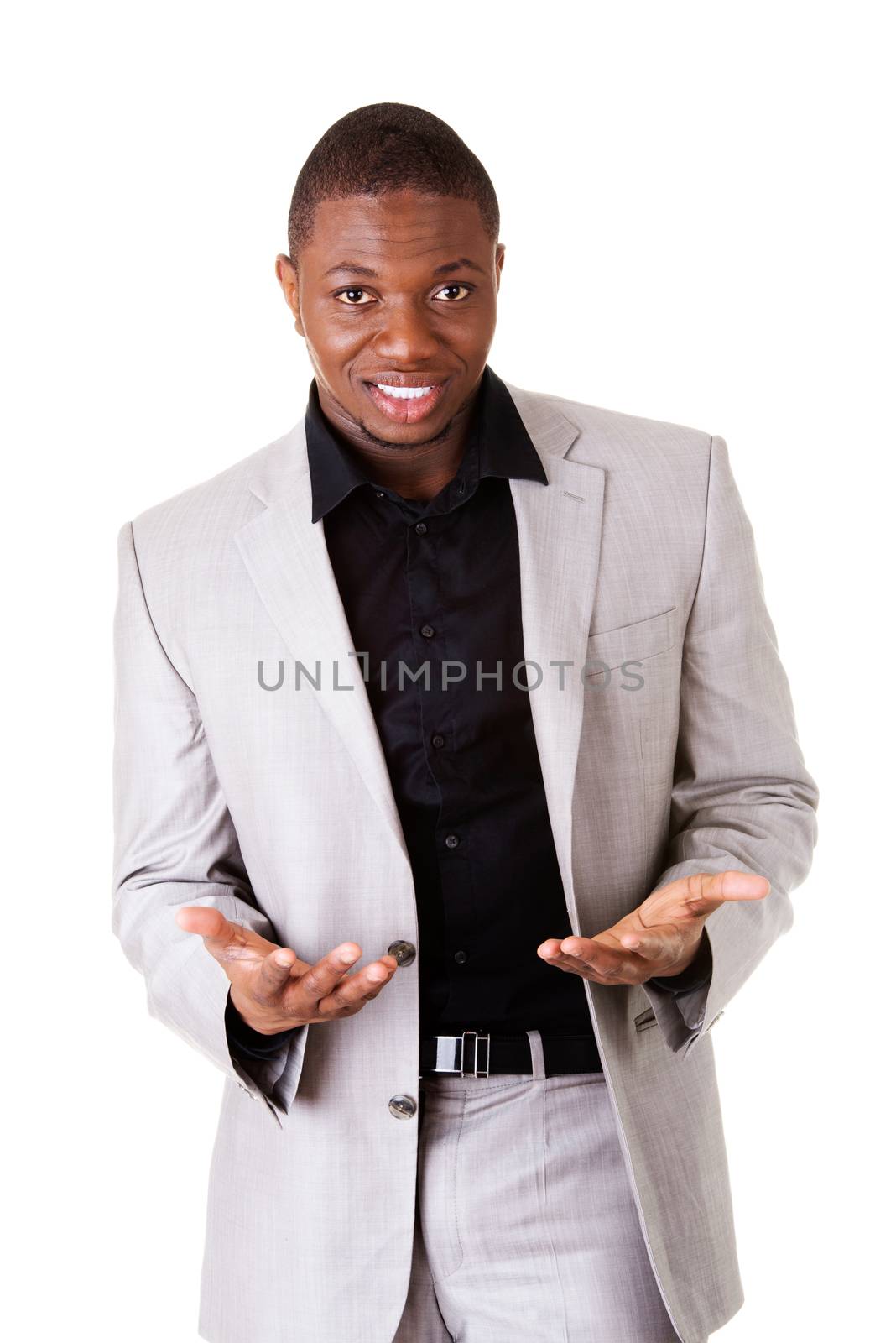 Male businessman with open palms. Isolated on white.