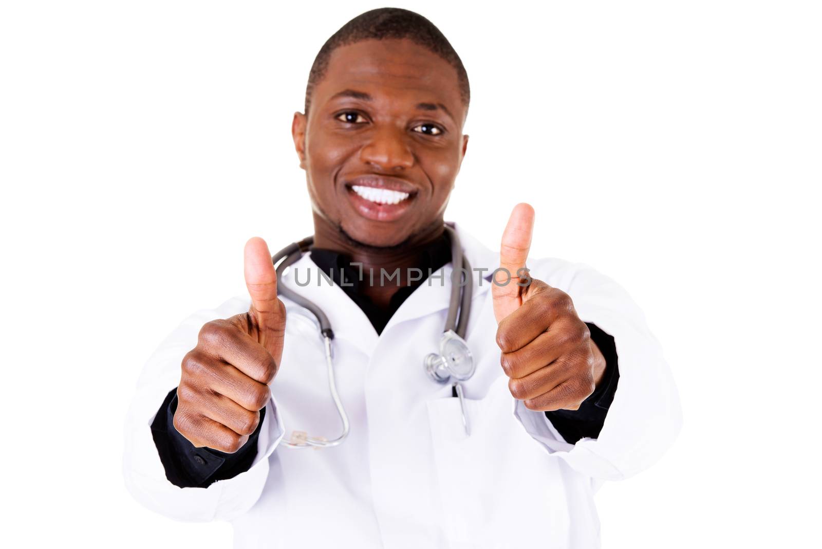 Male handsome doctor showing OK. Isolated on white.