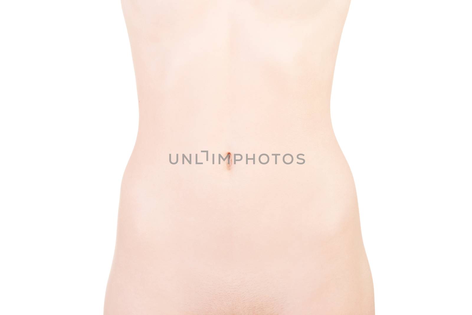 Female naked body part. Belly. Closeup. Isolated on white.