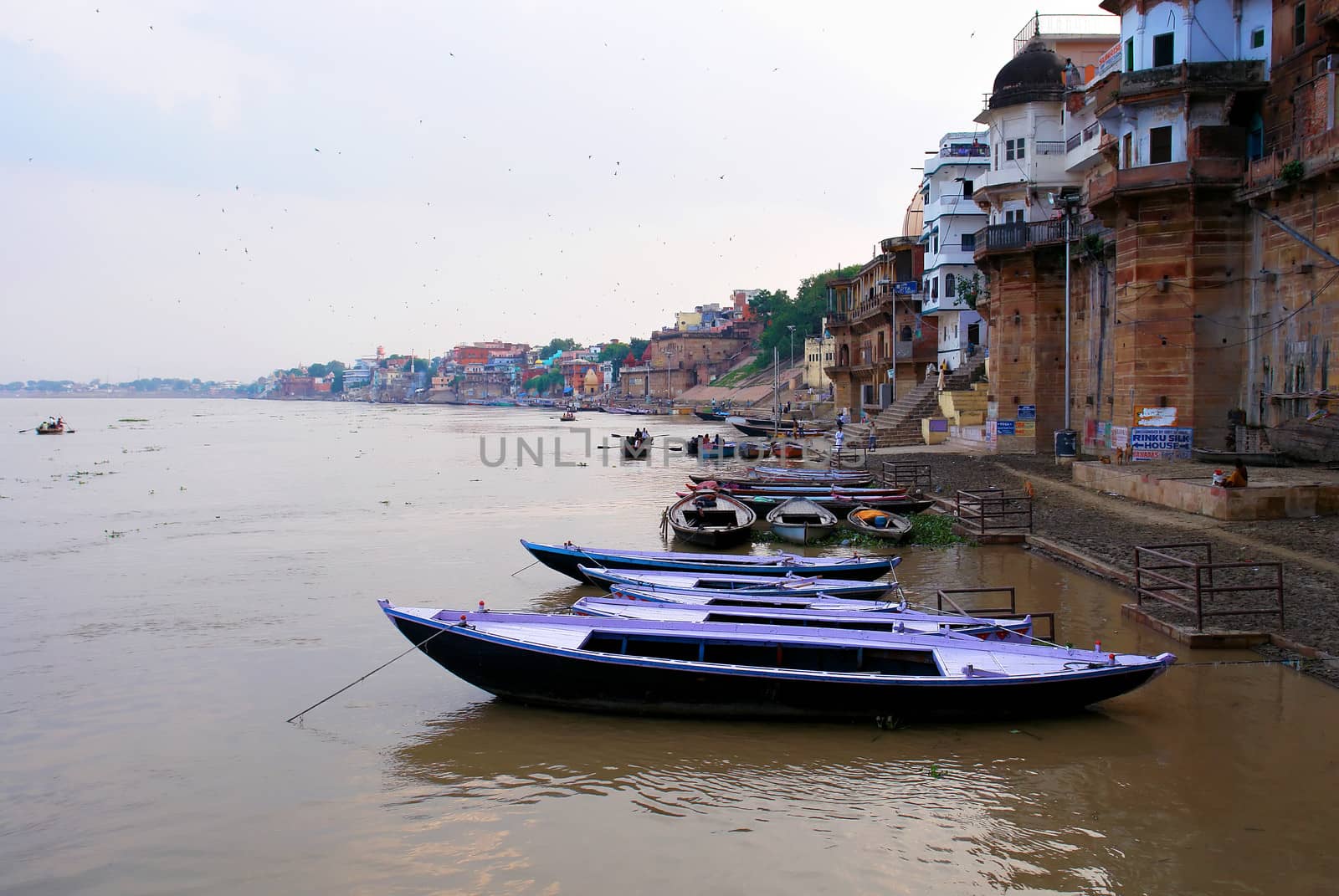 Boats on Ganges holy river in Varanasi, India