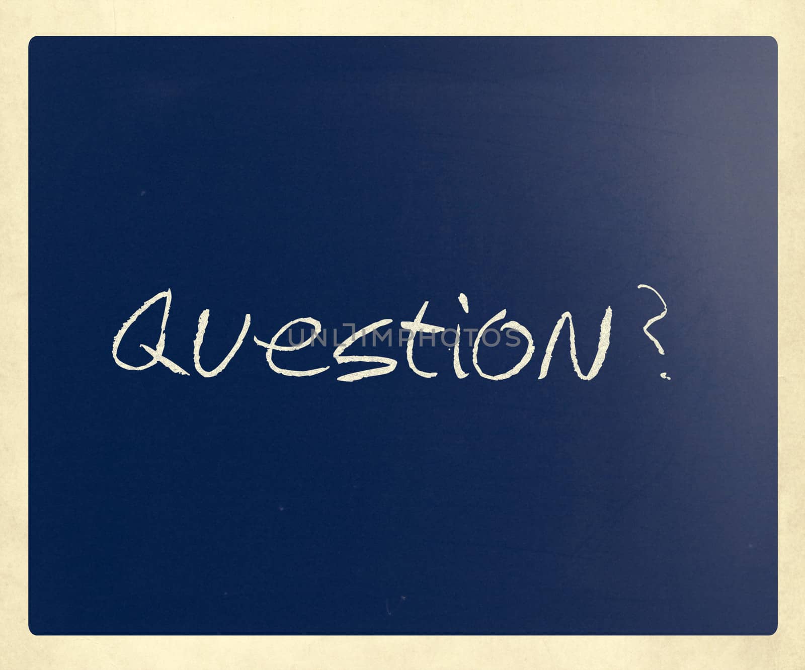 "Question" handwritten with white chalk on a blackboard.