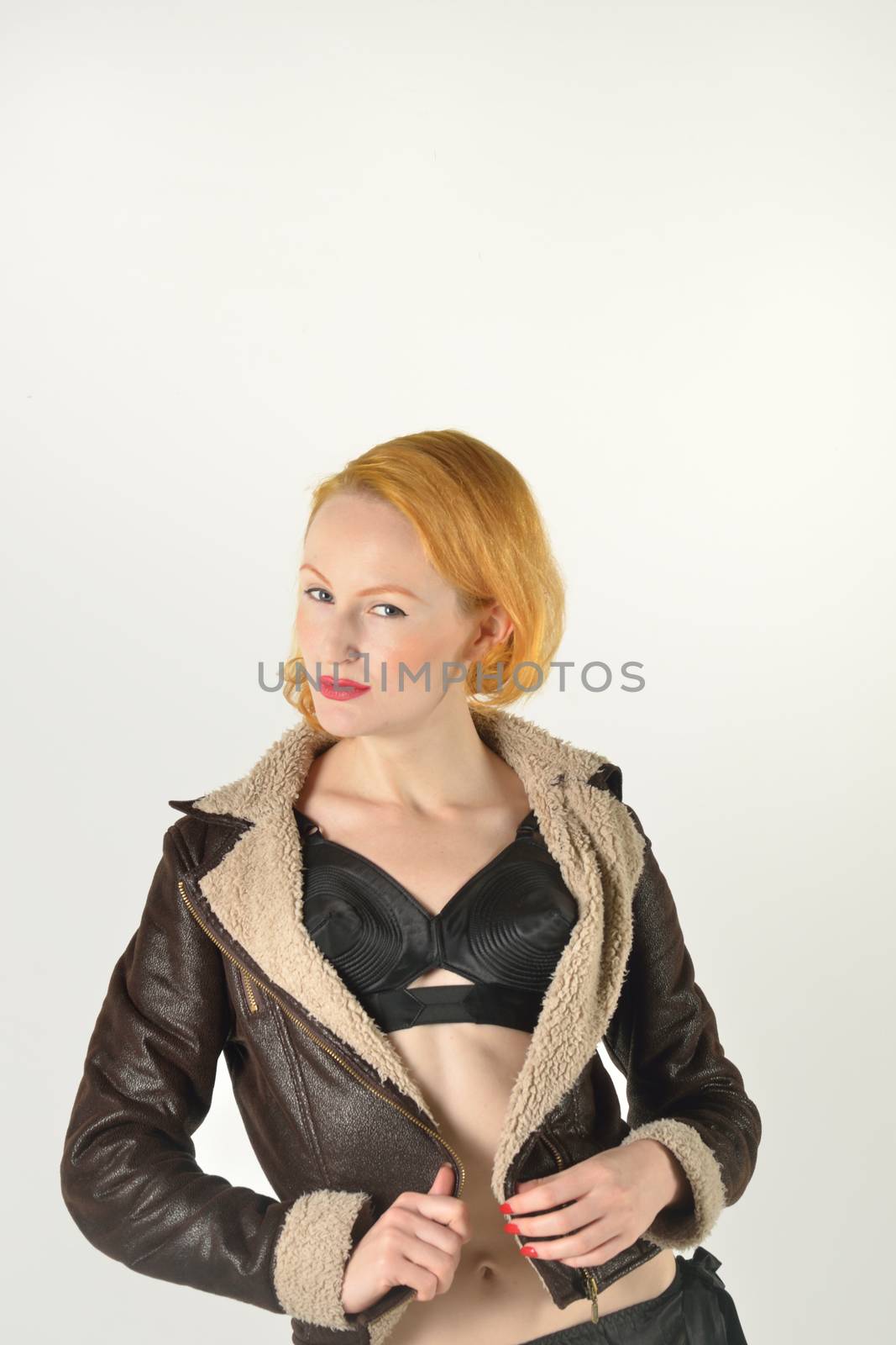 red head in retro flying jacket