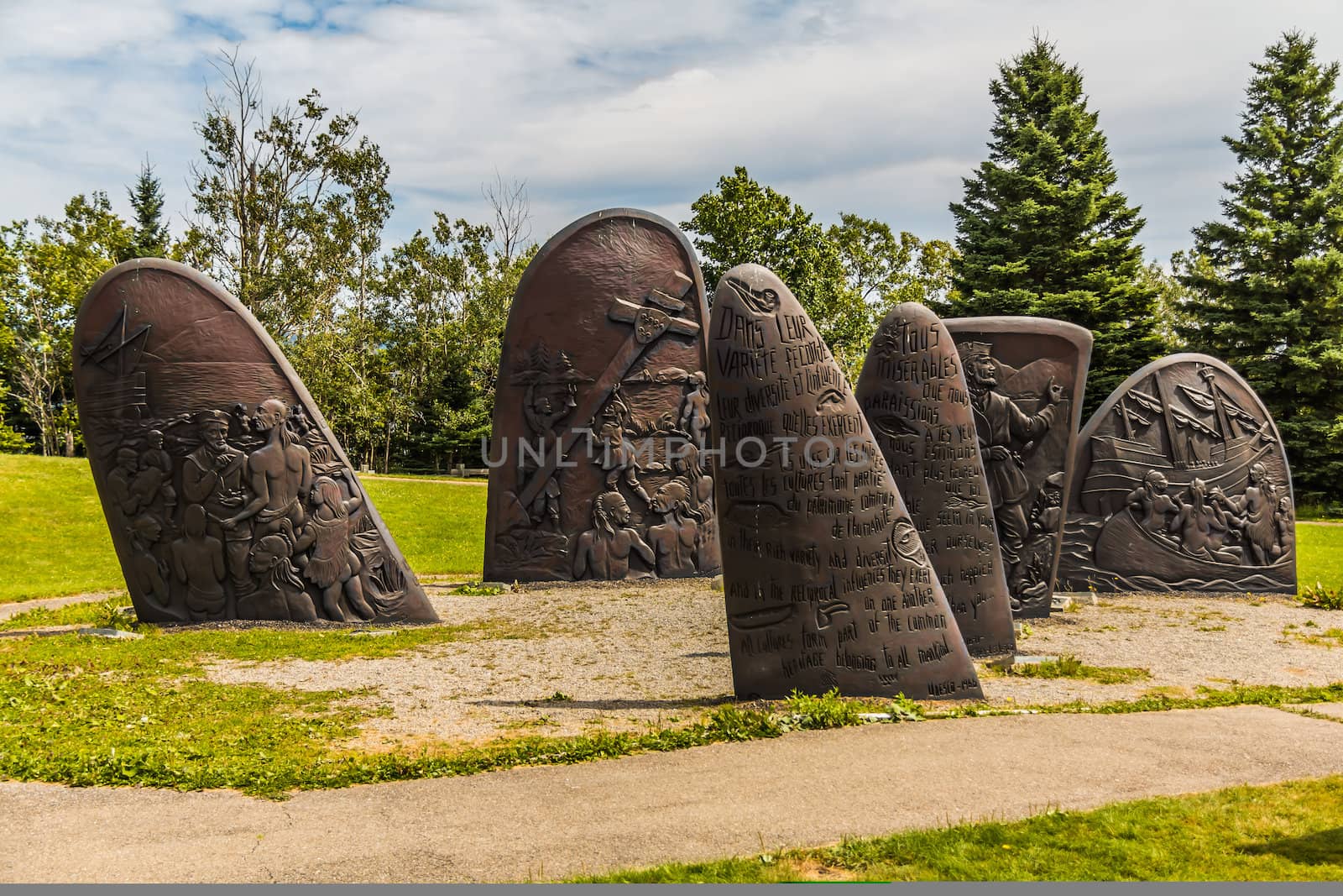 Jacques Cartier Monument in a sunny day in the summer in Gaspesie, Quebec, Montreal.Six cast-iron stelae