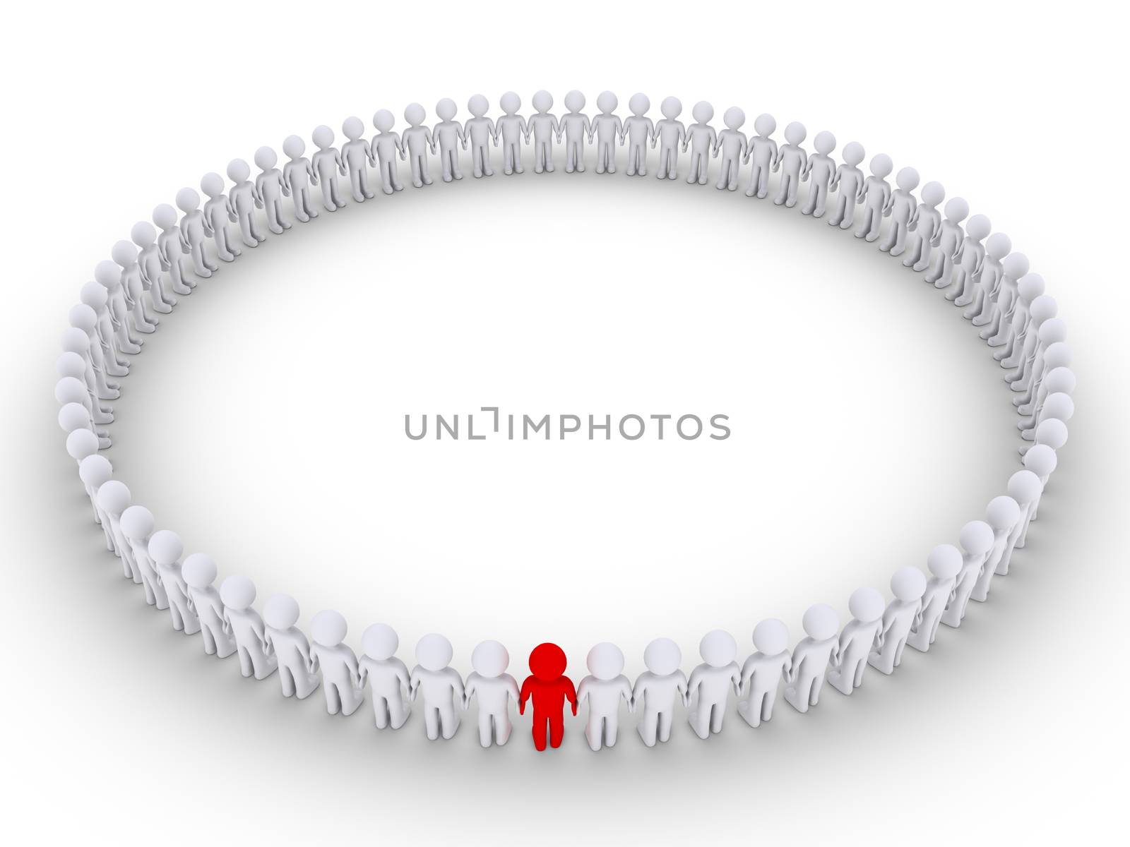 3d people form a very big circle but one is of different color