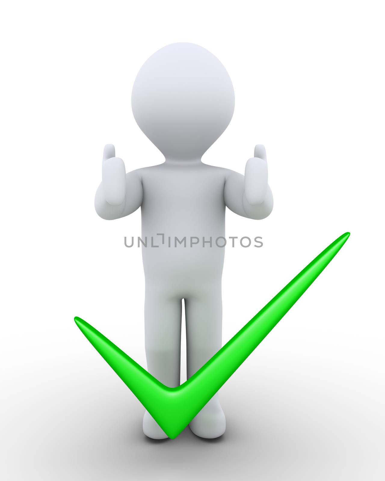 3d person with his thumbs pointing up is behind a check mark
