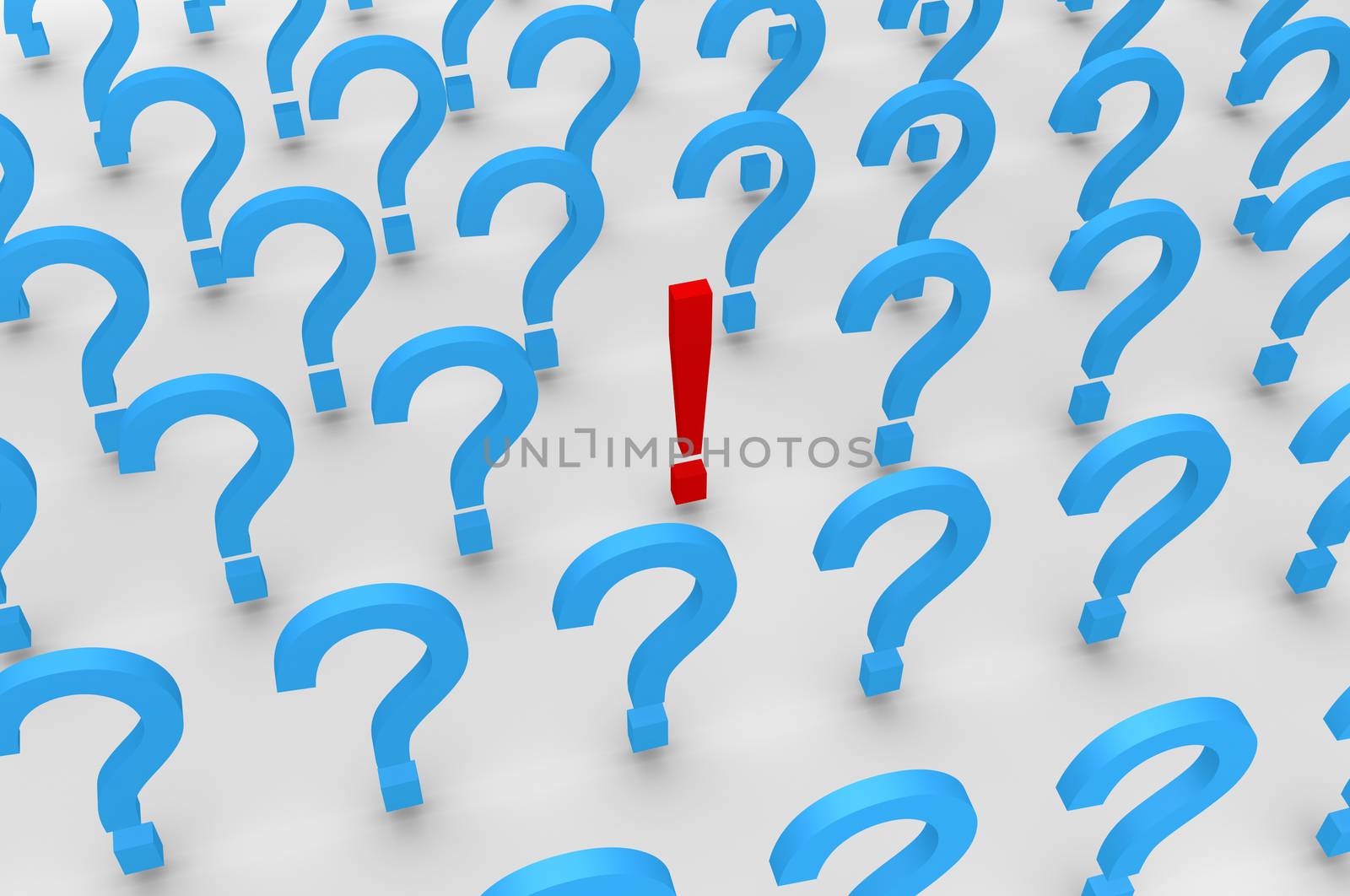 Many 3d question mark symbols and one exclamation mark