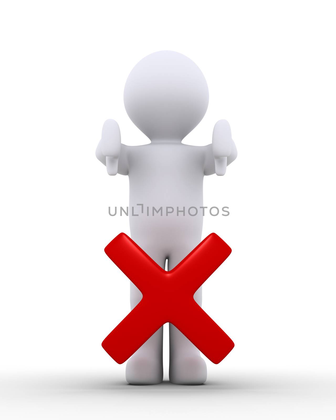 3d person with his thumbs pointing down behind a cross sign